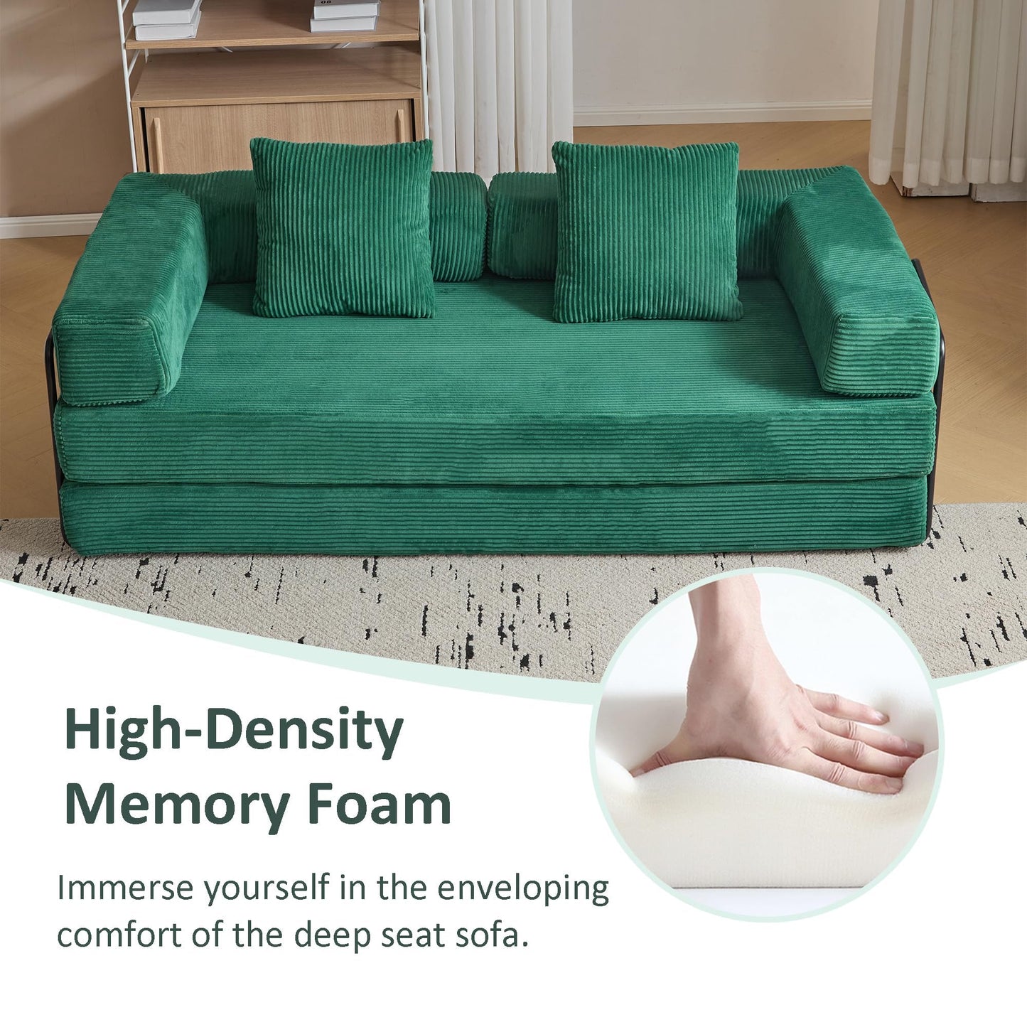 ETCZOYE Folding Sofa Bed, Modular Sectional Cloud Couch, Convertible Sleeper Sofa Bed with Pillow Back Support Armrest for Living Room Bedroom Lounge, No Assembly Required, Corduroy (Dark Green)
