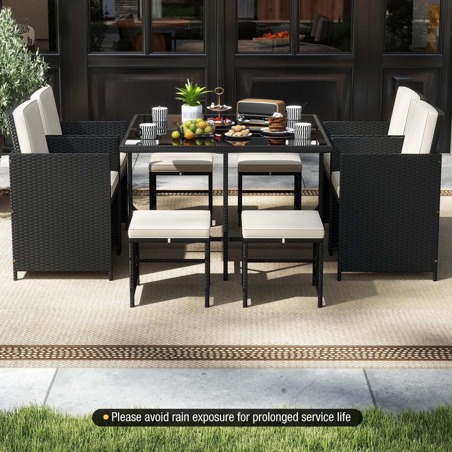 Tangkula 9 Piece Patio Dining Set, Rattan Chairs with Tempered Glass Table & Ottoman, Space Saving Wicker Sectional Conversation Set with Removable Cushions, Outdoor Furniture for Backyard Garden Deck