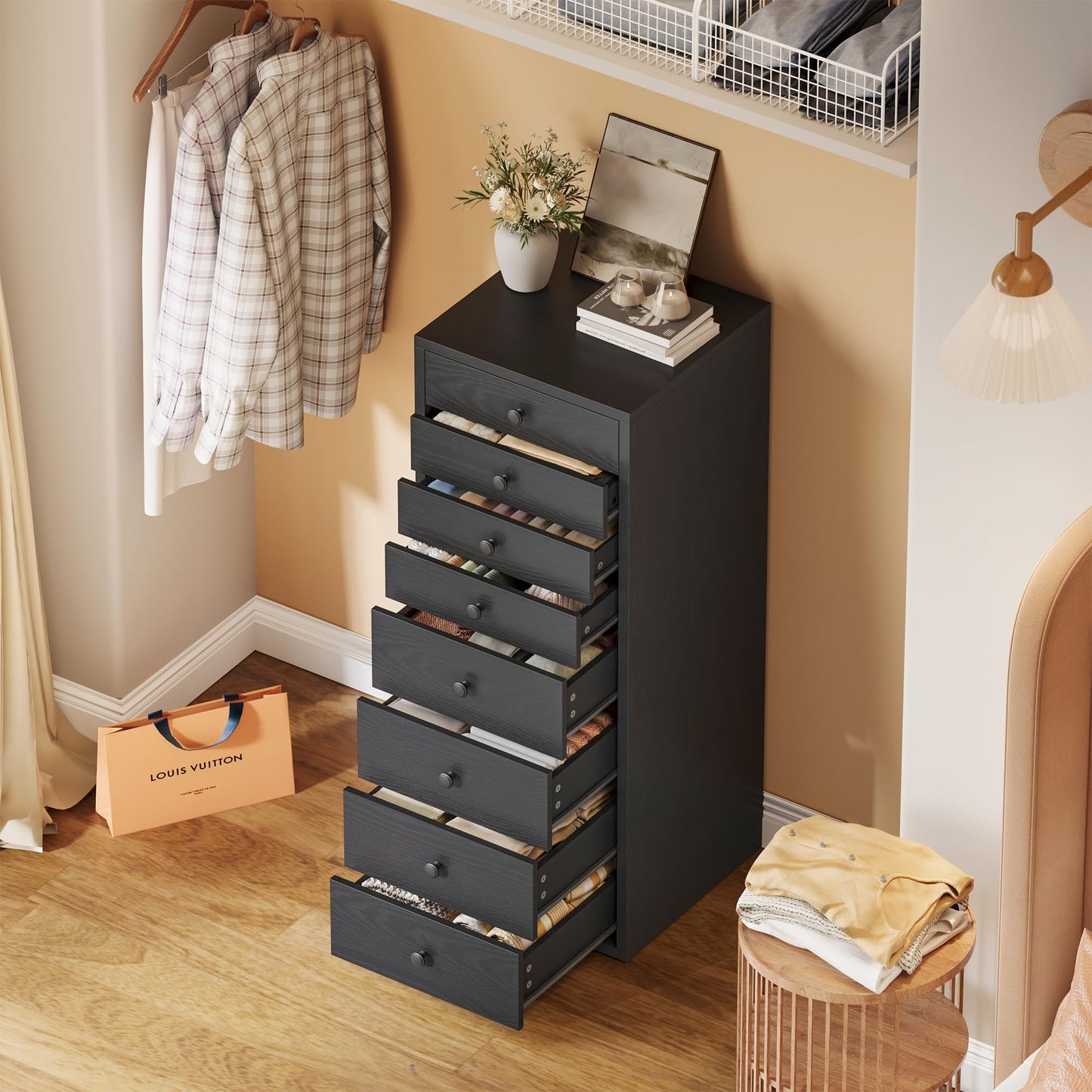 LIKIMIO 8 Drawer Dresser, Small Dressers with Storage Drawers, Chest of Drawers for Bedroom, Tall Narrow Dresser for Organizers, Black