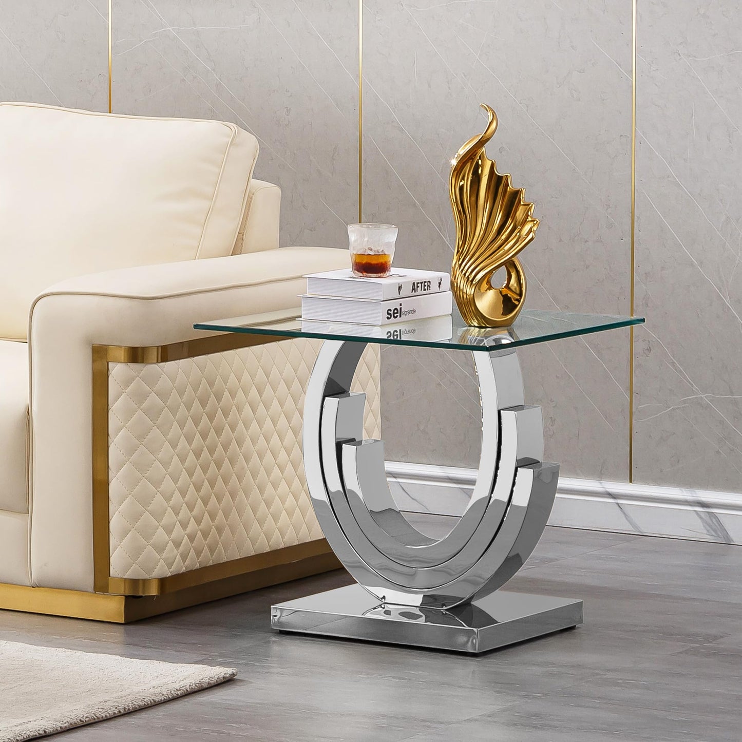 Pvillez Glass End Table with Silver Ring-Shaped Stainless Steel Base, Sqaure Sofa Side Table for Living Room, Clear Glass Accent End Tables Bedside Tables Nightstand for Bedroom Home Office