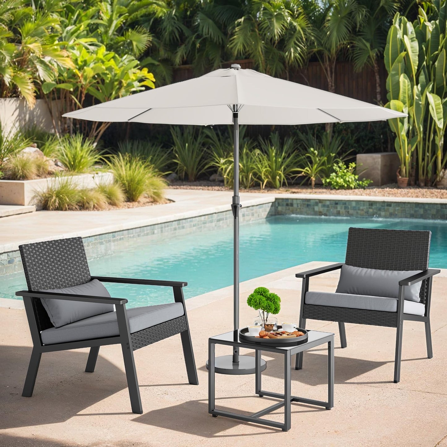 Ahomly 3-Piece Wicker Small Outdoor Patio Furniture Set with Glass Table for Balcony, Porch, and Garden (Gray)