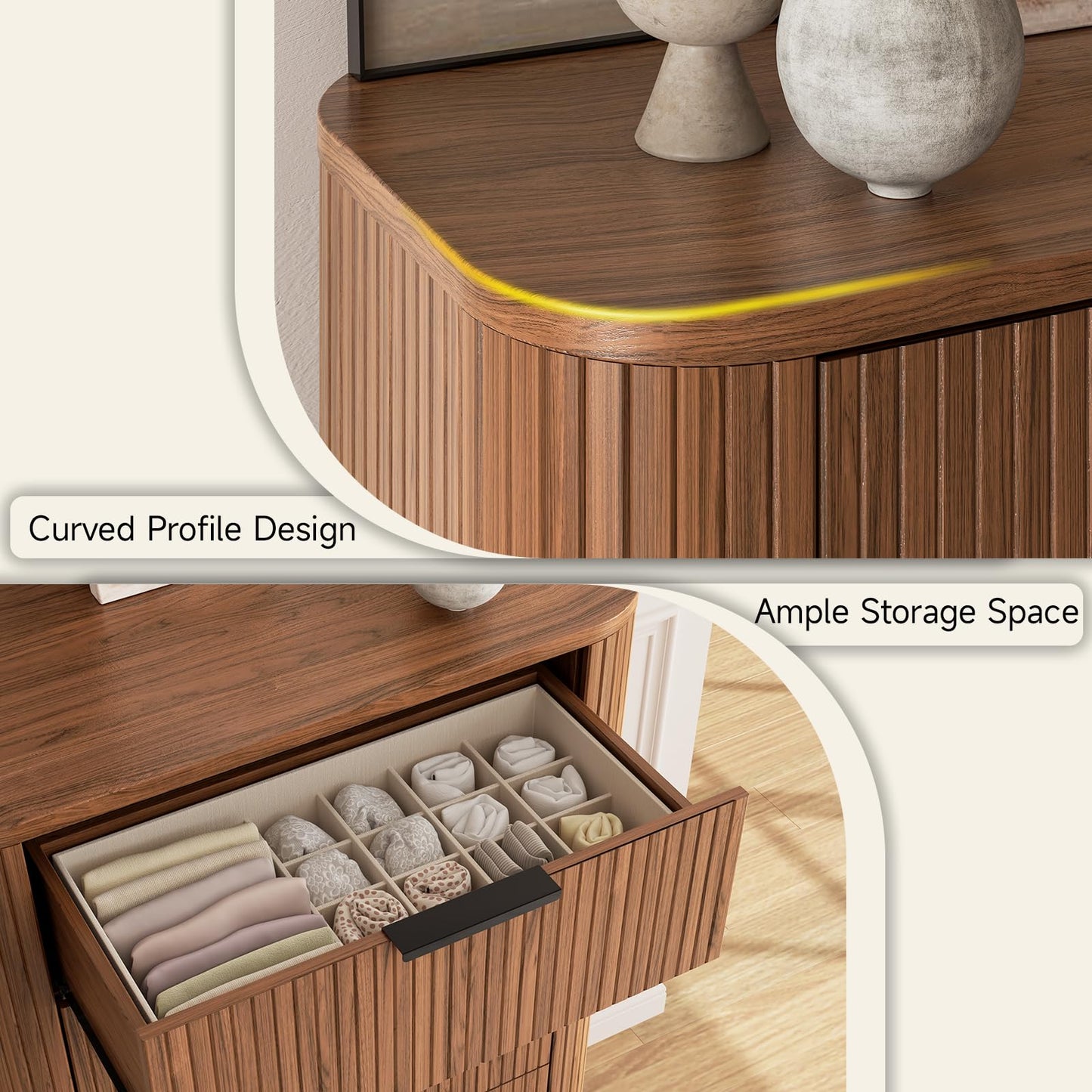 ONBRILL Fluted Dresser for Bedroom with 5 Drawers, 32 inch Chest of Drawers, Mid Century Modern Tall Dressers with Curved Profile Design for Closet, Wood TV Stand for Living Room, Hallway, Walnut