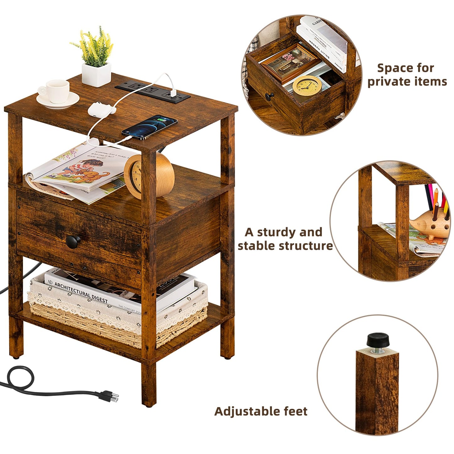 Lerliuo Nightstand with Charging Station and USB Ports, 3-Tier Storage End Table with Drawer Shelf, Night Stand for Small Spaces, Wood Bedside Table for Living Room, Bedroom - Retro Brown…