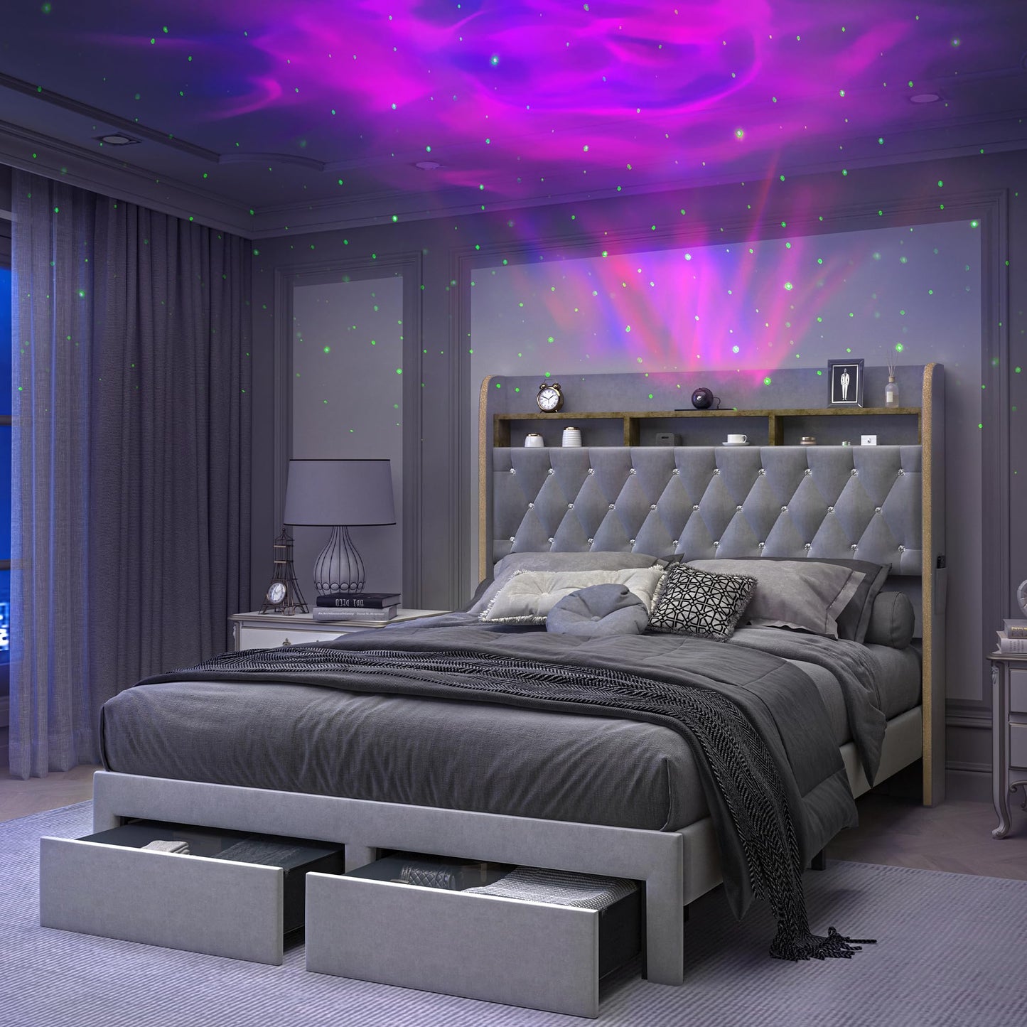 SIBEDS Queen LED Bed Frame with Storage Drawers, Velvet Upholstered Platform Beds with Galaxy Star Projector Charging Station Speaker, Aurora Bedframe with 2-Tier Storage Headboard, Noise-Free, Grey