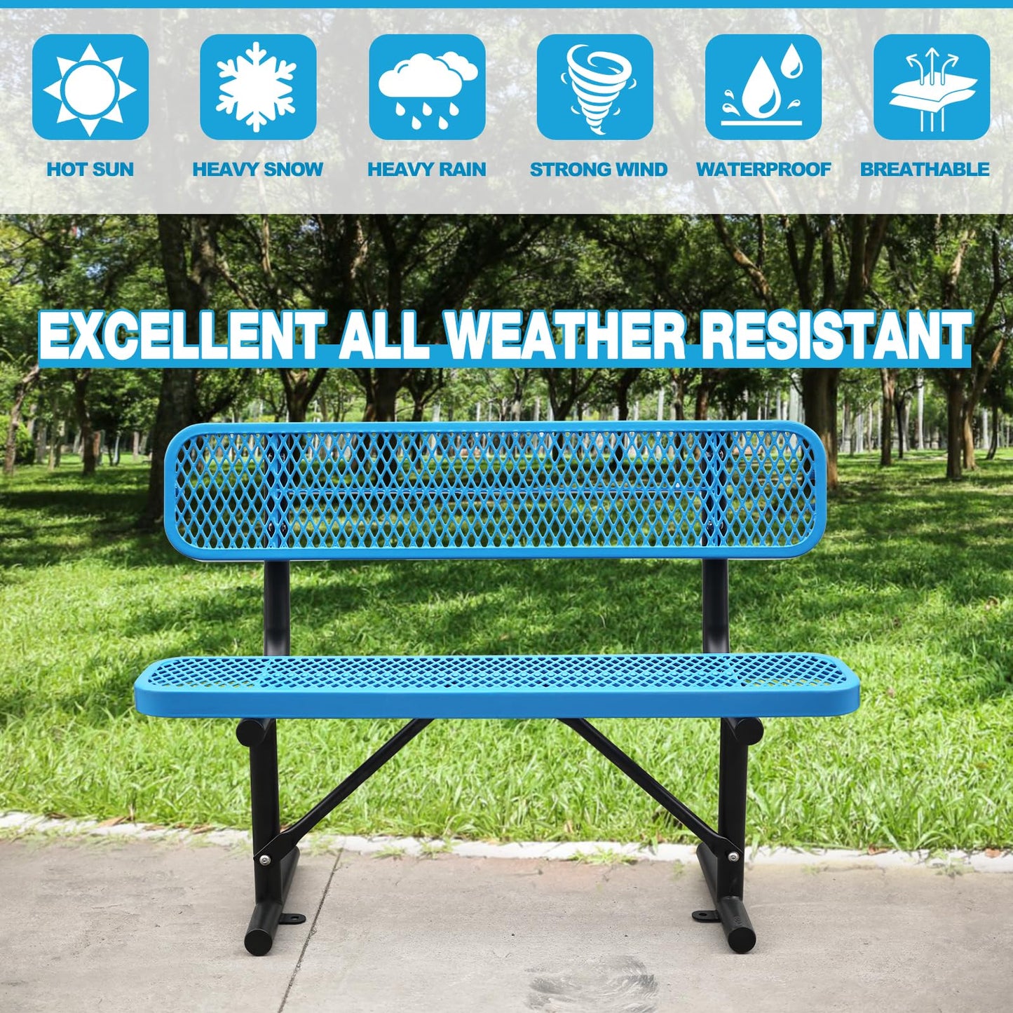 Heavy Duty Metal Park Bench for Outside, Outdoor Garden Benches with Backrest & Portable Frame, Expanded Metal Mesh Bench for Shopping Malls, Lawn, Park, Deck, Patio, Porch (Blue, 4FT/48INCH)