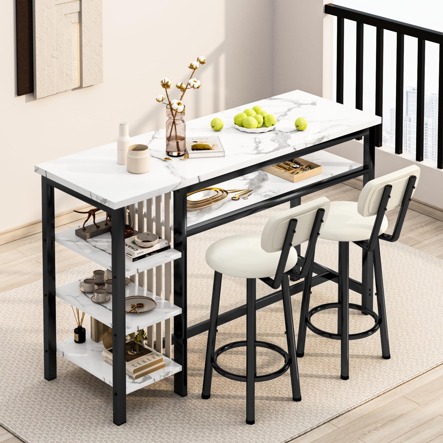 Lamerge Furniture Kitchen Bar Height Table and Chairs for 2, 5-Tier Compact Dining Room Table, White Faux Marble Top and 2 PU Leather Upholstered Seat Black Frame, Modern Dining Set for Home & Office