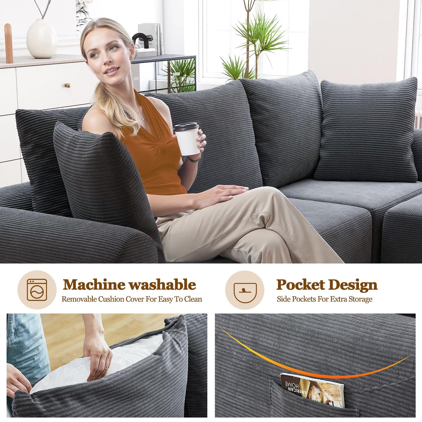 Cloud Sectional Couch with Ottoman, Modern L-Shaped Modular Sectional Sofa with Chaise Corduroy Boneless Couches for Living Room Bedroom Apartments, Stain-Resistant Fabric & Free Assembly, Grey