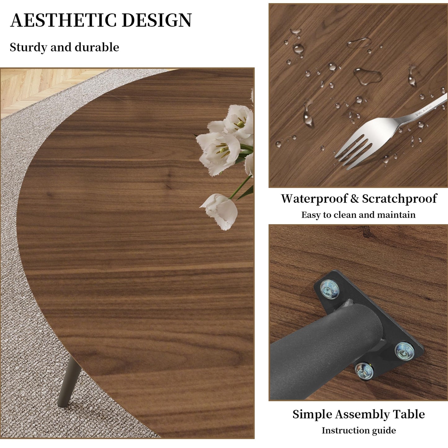 HIPIHOM 43.3 Inch Round Dining Table Set for 4, Modern Small Kitchen Coffee Set for Dining Room Kitchen Apartment (Walnut Table + 4 Brown Chairs)