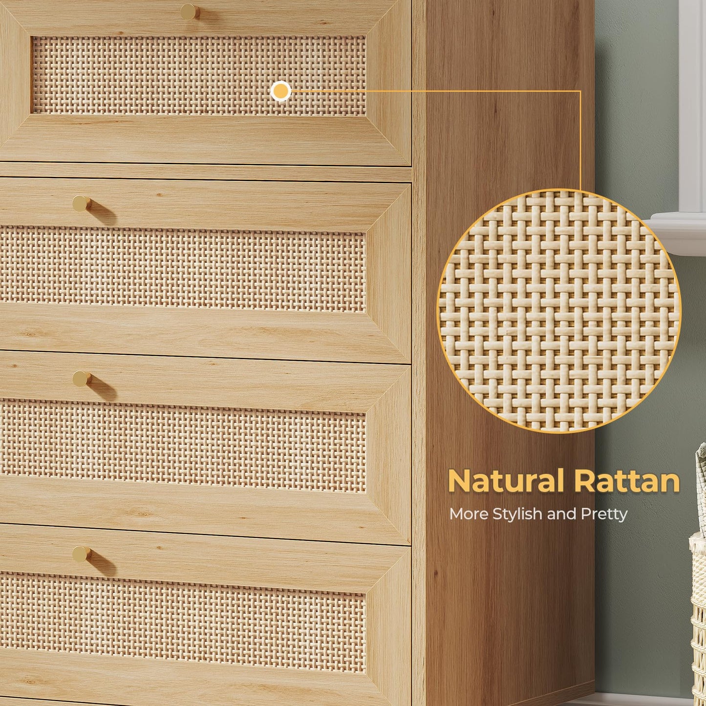 AOGLLATI Rattan Dresser for Bedroom with 9 Drawer, Modern Wooden Long Bedroom Dresser, Chest of Drawers with Metal Handle & Solid Wood Legs for Bedroom/Living Room, Wood