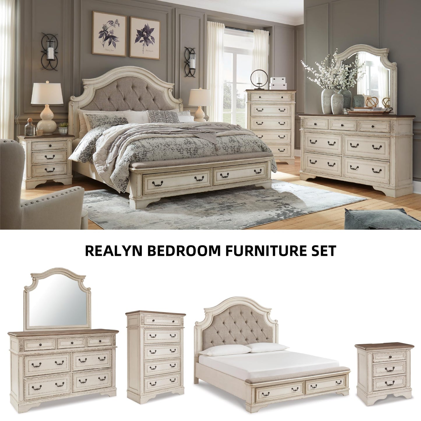 Signature Design by Ashley Realyn French Country Two Tone 5 Drawer Chest of Drawers, Chipped White