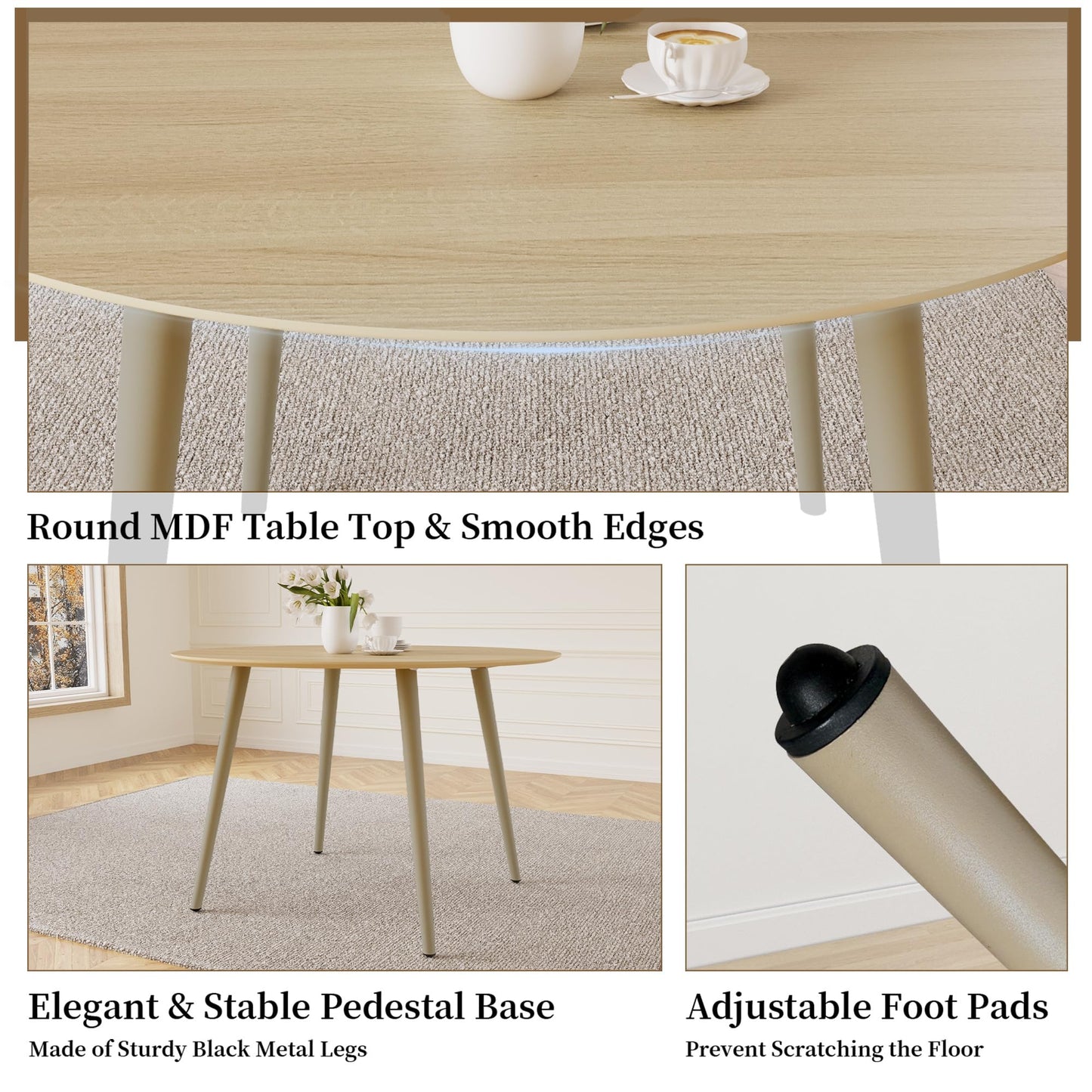 HIPIHOM 43.3 Inch Round Dining Table Set for 4, Modern Small Kitchen Coffee Set for Dining Room Kitchen Apartment (Cream Table + 4 Brown Chairs)