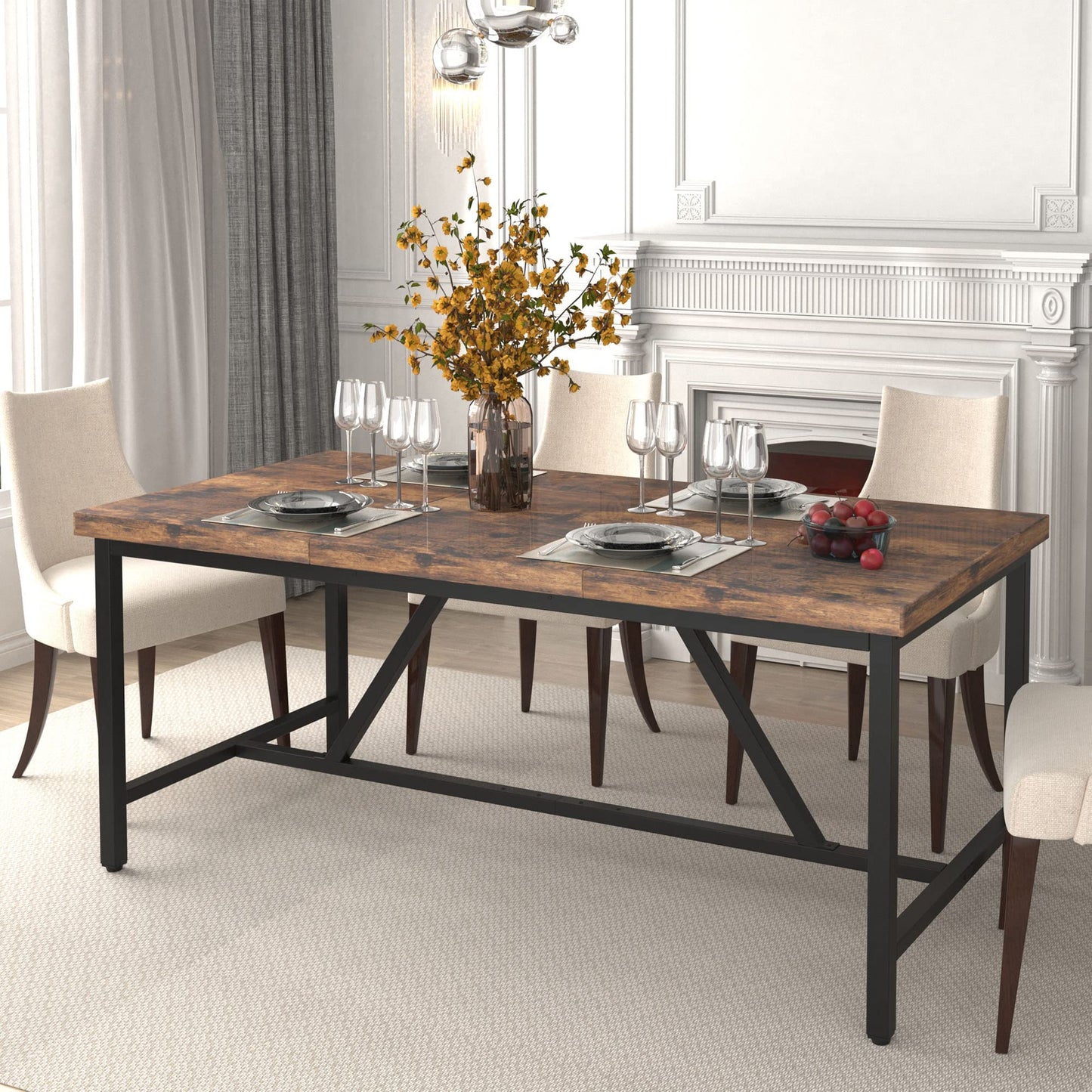 YITAHOME 70.8" Large Kitchen Dining Room Table for 6-8 People, Rustic Brown Farmhouse Industrial Wood Style Rectangle Apartment Dinning Room Dinette Tables for Eating Dinner