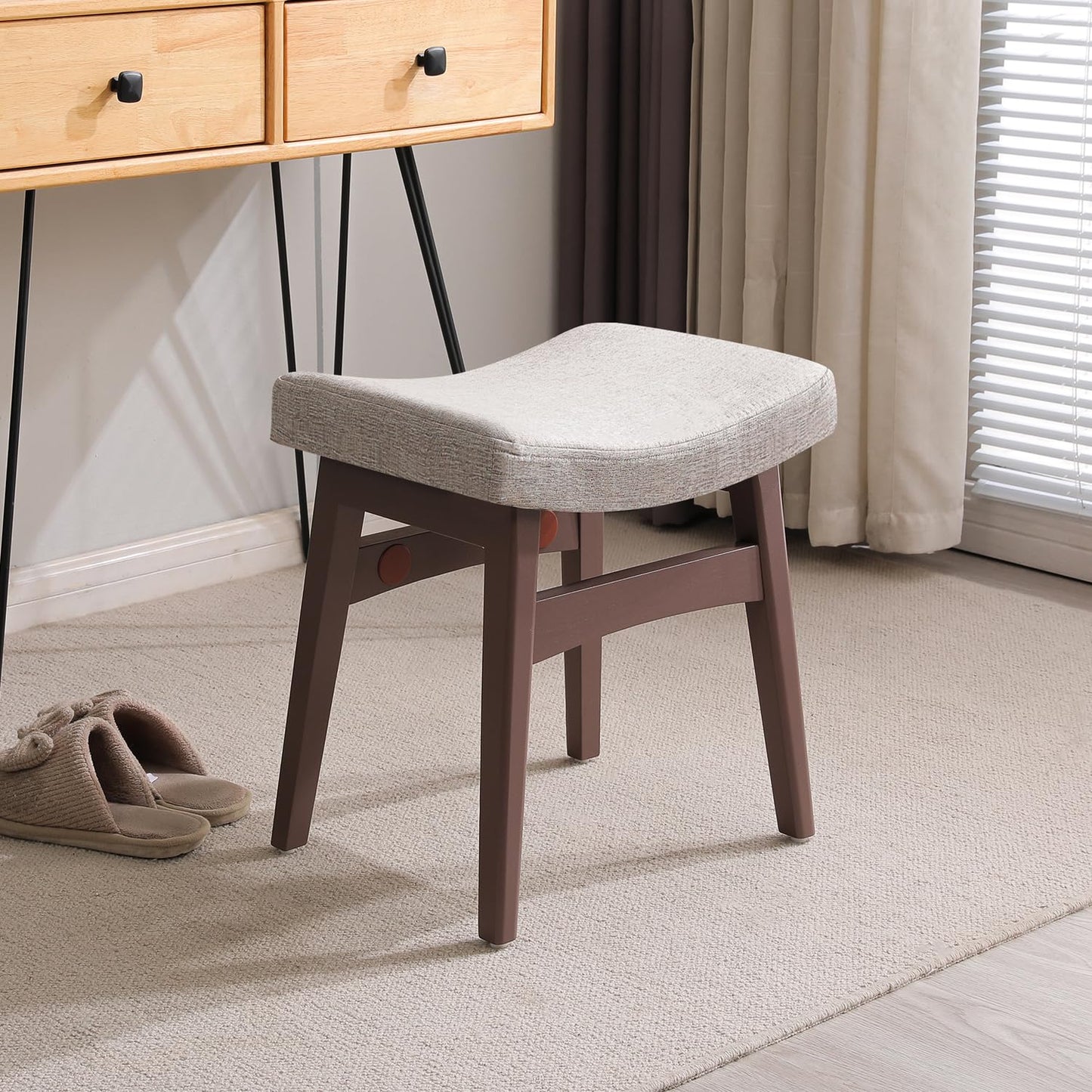 COSTASKF Vanity Stool, Saddle Cushion Foot Stool, Modern Vanity Bench Ottoman with Solid Wood Legs and Upholstered Seat for Entryway, Bedroom,Walnut Color Leg - Linen Colour Fabric Cushion