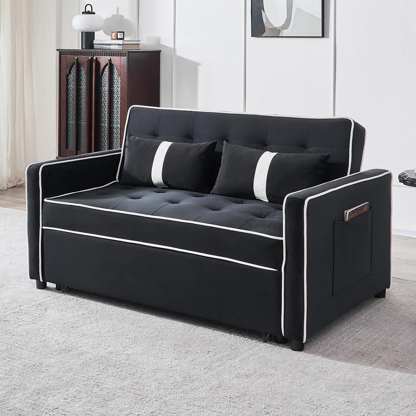 Black Couch Bed, Sleeper Sofa Couch with Pullout Bed Small Couches for Small Spaces, Convertible Futon Sofa Bed, Adjustable Backrest and Pillows, Built-in Side Storage Pockets,Tufted Design