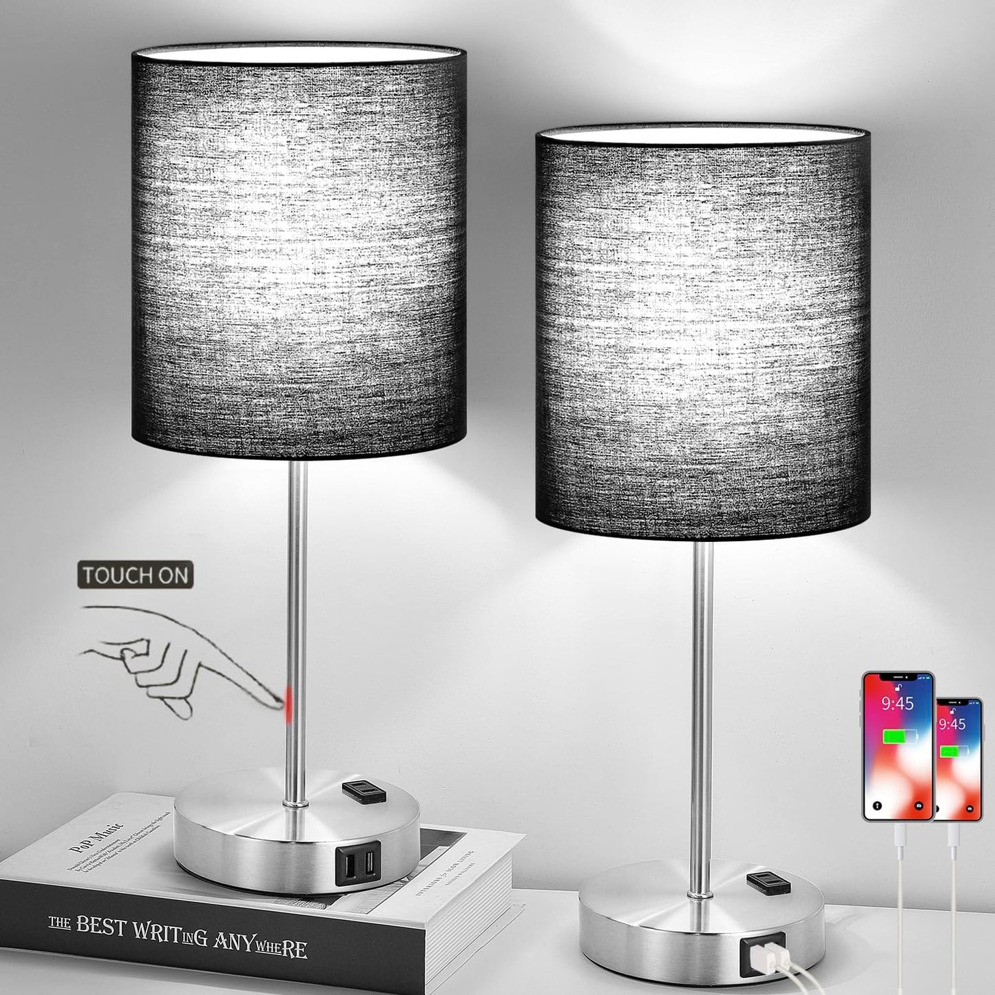 Lynnoland 𝟮𝟬𝟮𝟯 𝗡𝗘𝗪 Set of 2 Touch Control Table Lamps with 2 USB & AC Outlet, 3-Way Dimmable Bedside Nightstand Lamps for Bedroom Living Room Nursery, 800 Lumens 5000K Daylight Bulbs Included
