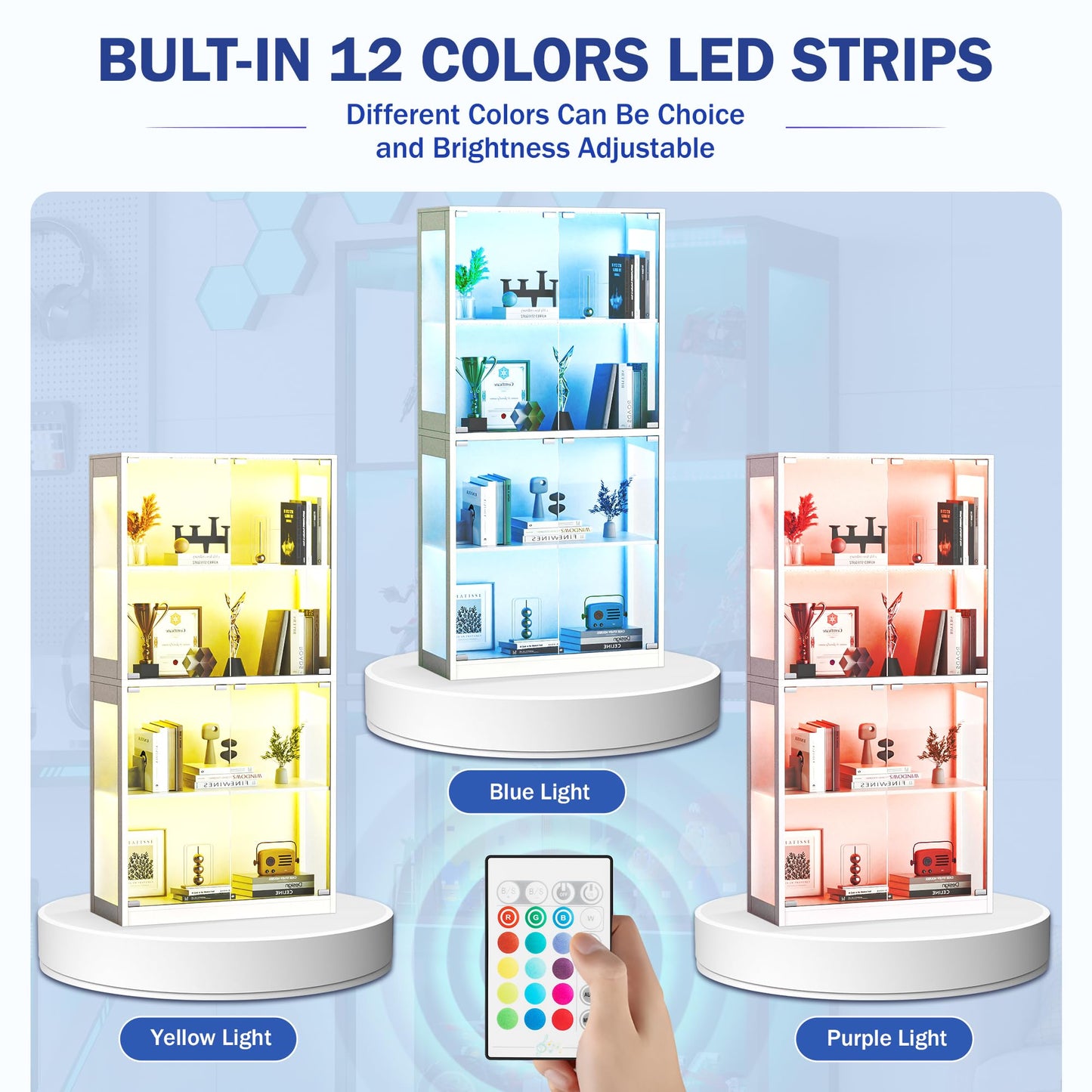 Grepatio Glass Display Cabinet, 4-Tier Display Cases for Collectibles, Curio Cabinet with 12 Color Lights, Display Shelf Bookcase Kids Toy Cabinets for Collectible, Living Room, Playroom (White)