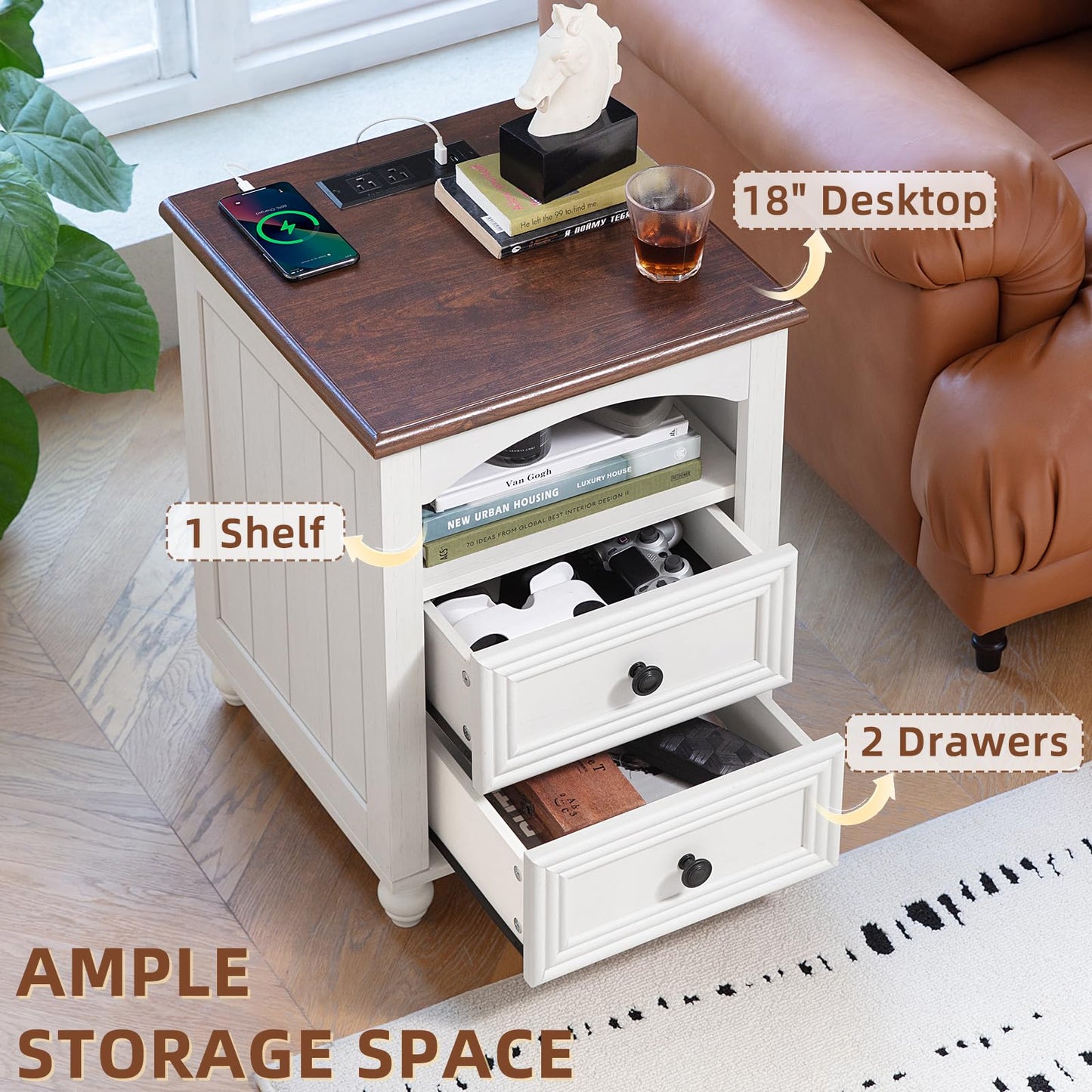 RWYHG 18" Farmhouse Night Stand with Charging Station, White Wood Nightstand with 2 Drawers, Bedside End Table with Shelf Storage, Bed Side Tables Cabinet for Bedroom, Living Room, and Closet