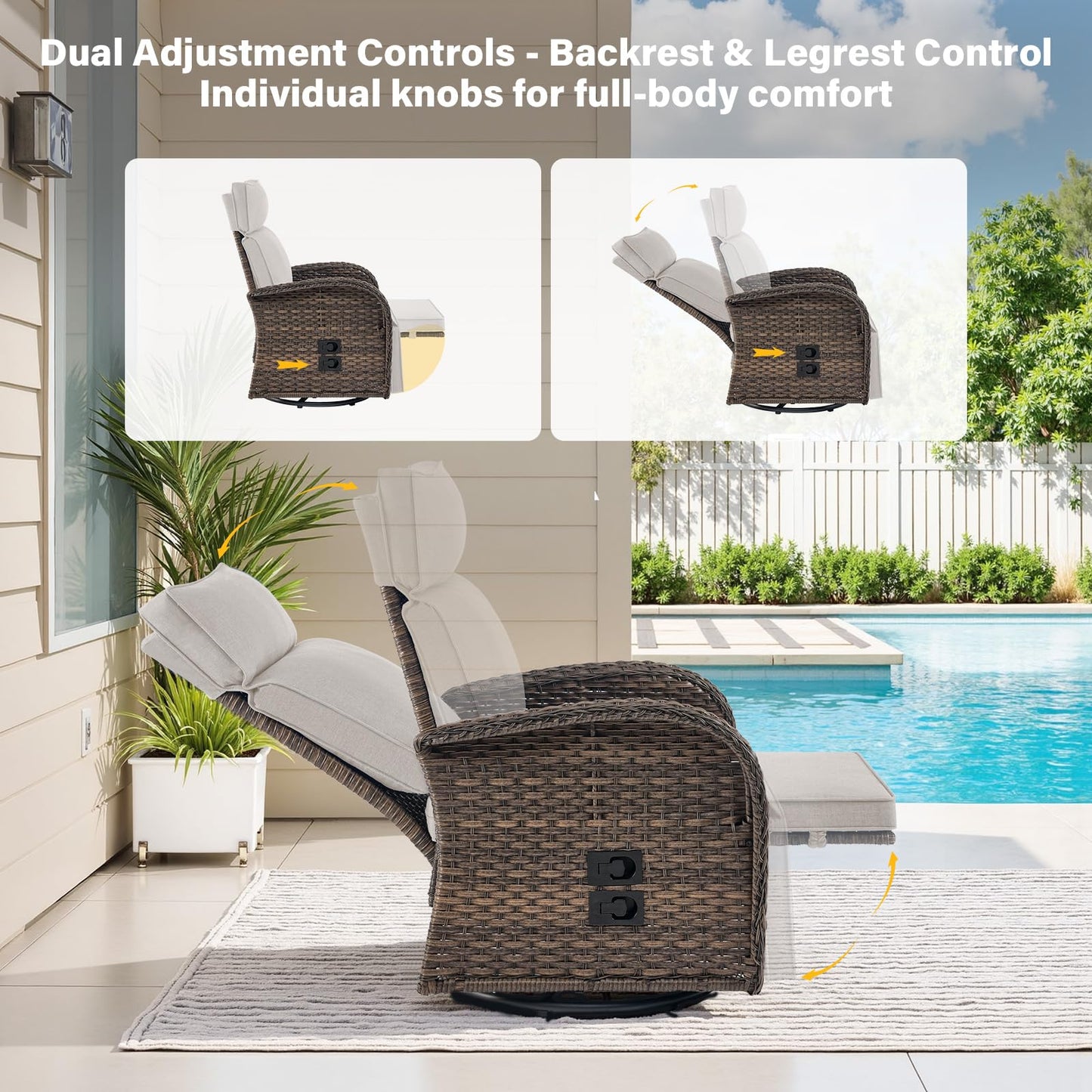 Belord Dual-Adjust Outdoor Swivel Recliner Chair – Reclining Patio Chair with Adjustable Backrest and Footrest, All-Weather Wicker Chaise Lounge Chair Outdoor for Pool Deck Brown (Upgraded 2.0)