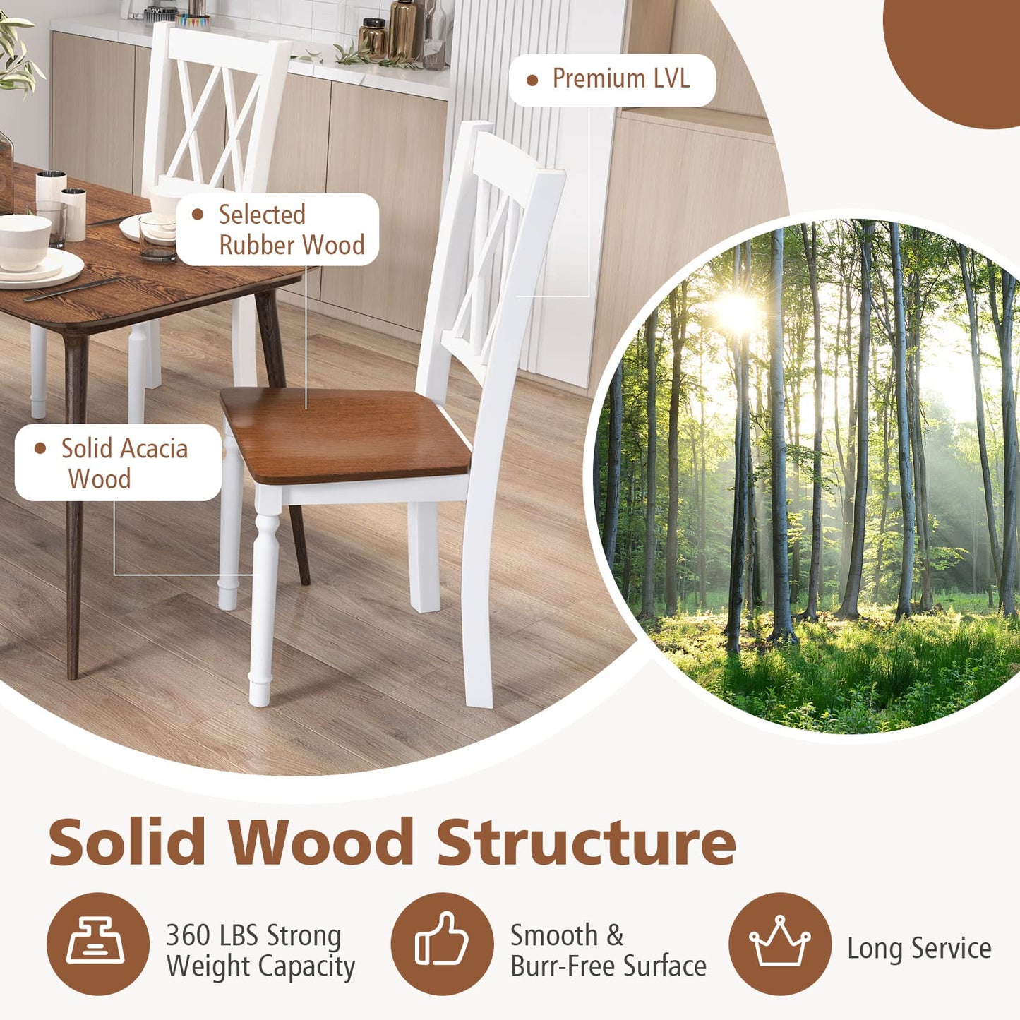 Giantex Dining Room Chairs Set of 2 White, Wooden Farmhouse Kitchen Chairs with Rubber Wood Seat, Acacia Wood Legs, Max Load 360 Lbs, Heavy Duty Wood Armless Dining Chairs with High Back