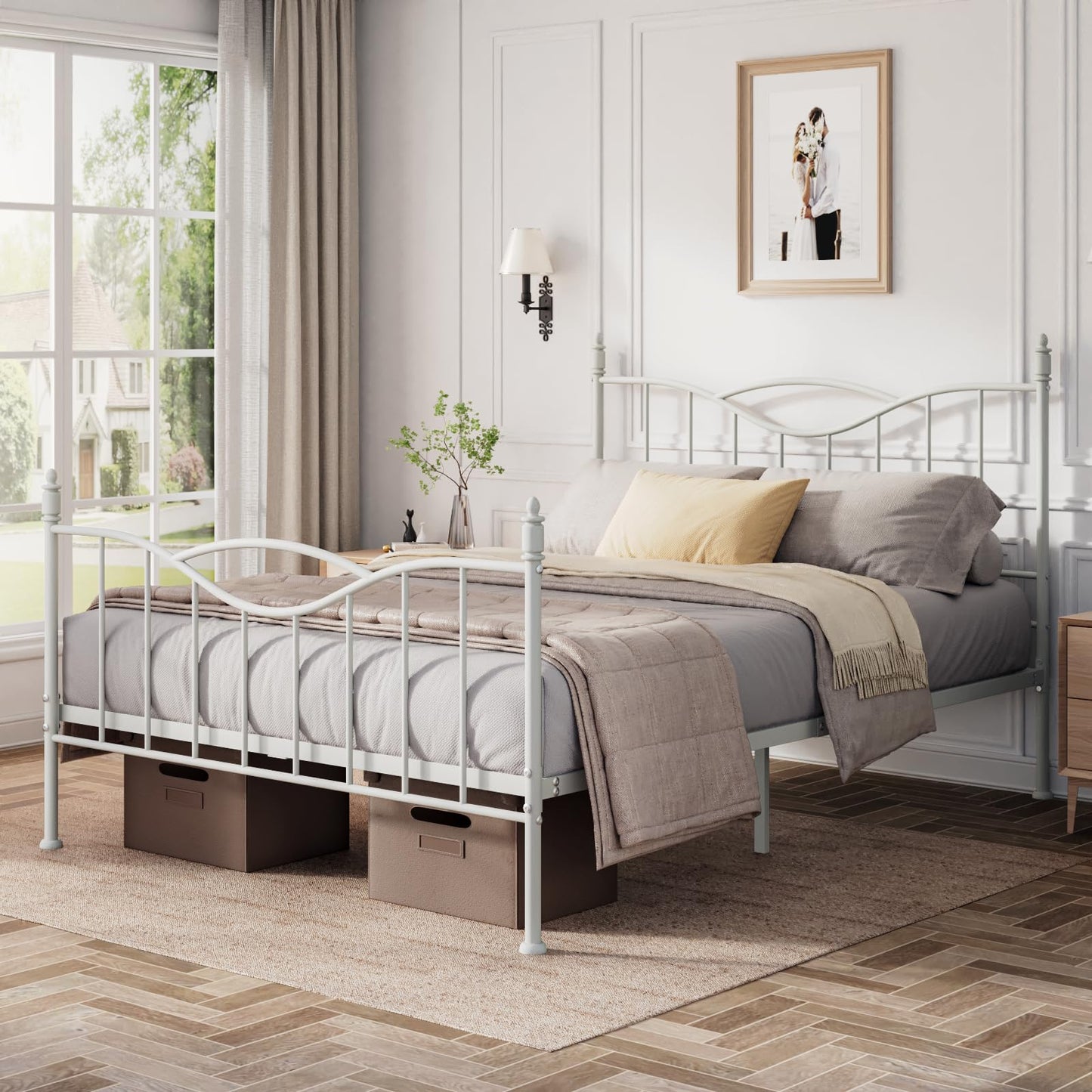 Florise Queen Size Bed Frame with Headboard, 14 Inch Tall Metal Platform Bed Frame Mattress Foundation with Footboard, Under Bed Storage, Strong Metal Slats Support, No Box Spring Needed, White