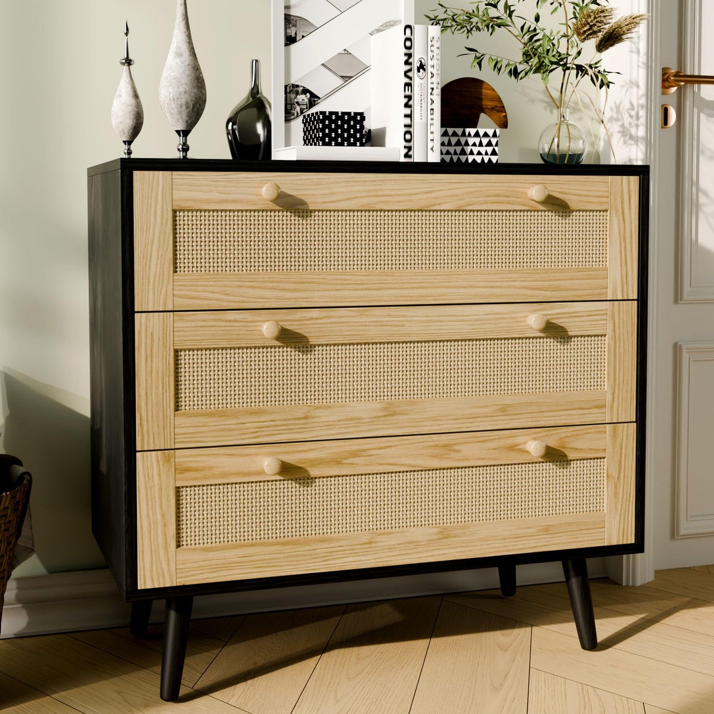 FURNIinspire 3 Drawer Dresser for Bedroom, Boho Dresser Chest with Handles for Bedroom Hallway Living Room
