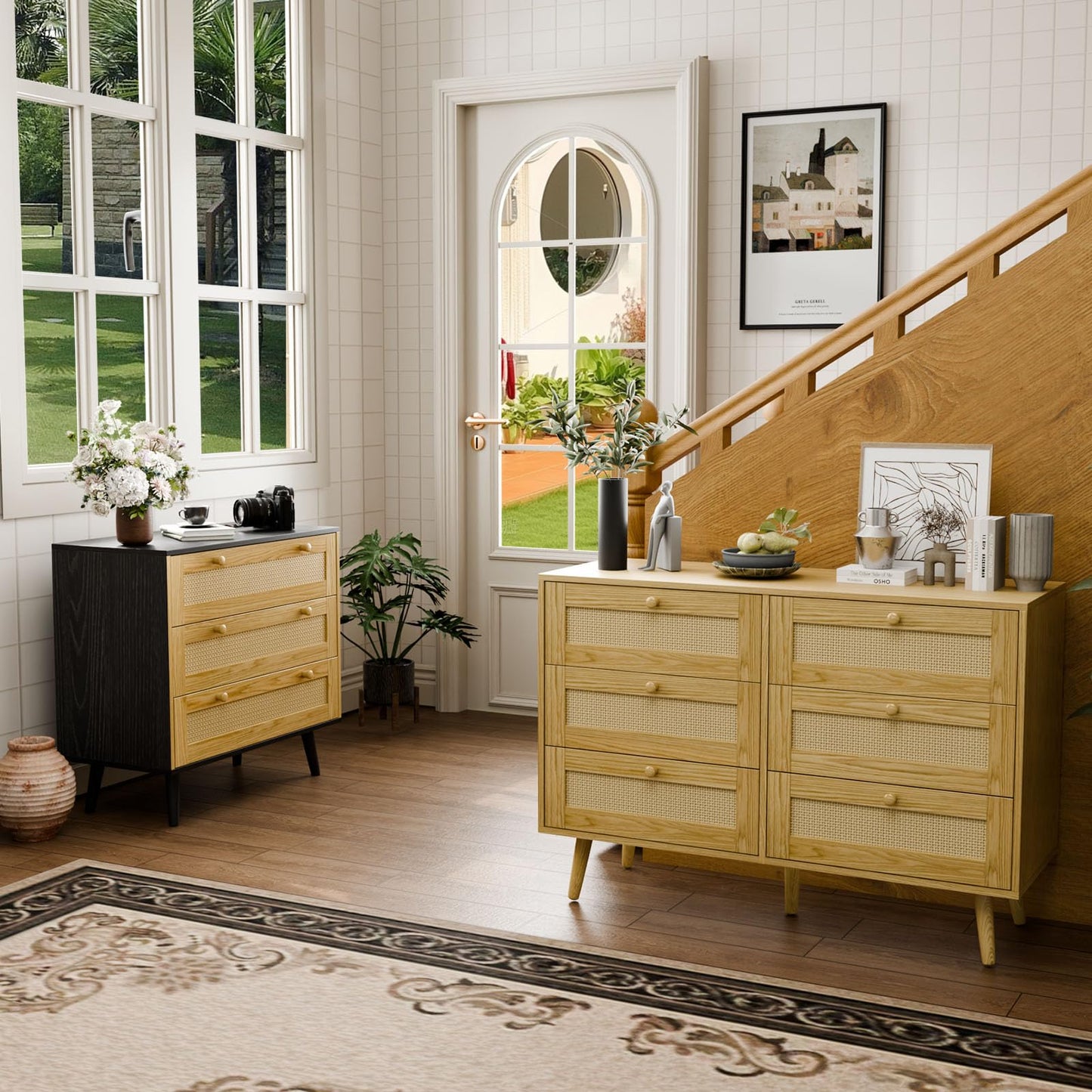 FURNIinspire 3 Drawer Dresser for Bedroom, Boho Dresser Chest with Handles for Bedroom Hallway Living Room
