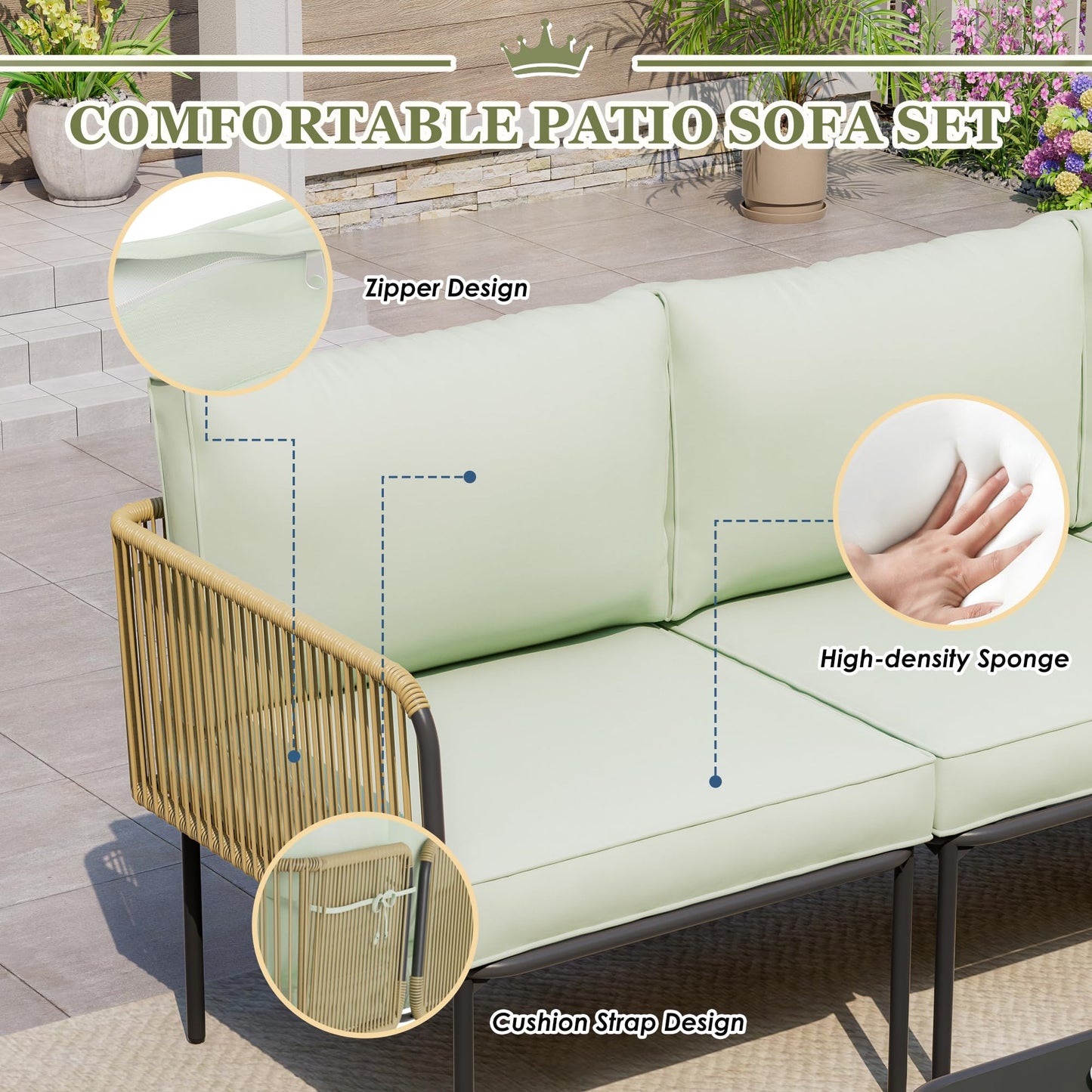 FKLUG Patio Furniture Set, 5 Piece Outdoor Patio L-Shaped Conversation Set with Cushions and Table, All-Weather Rattan Woven Sectional Sofa for Backyard, Porch, Boho Detachable Lounger (Green)
