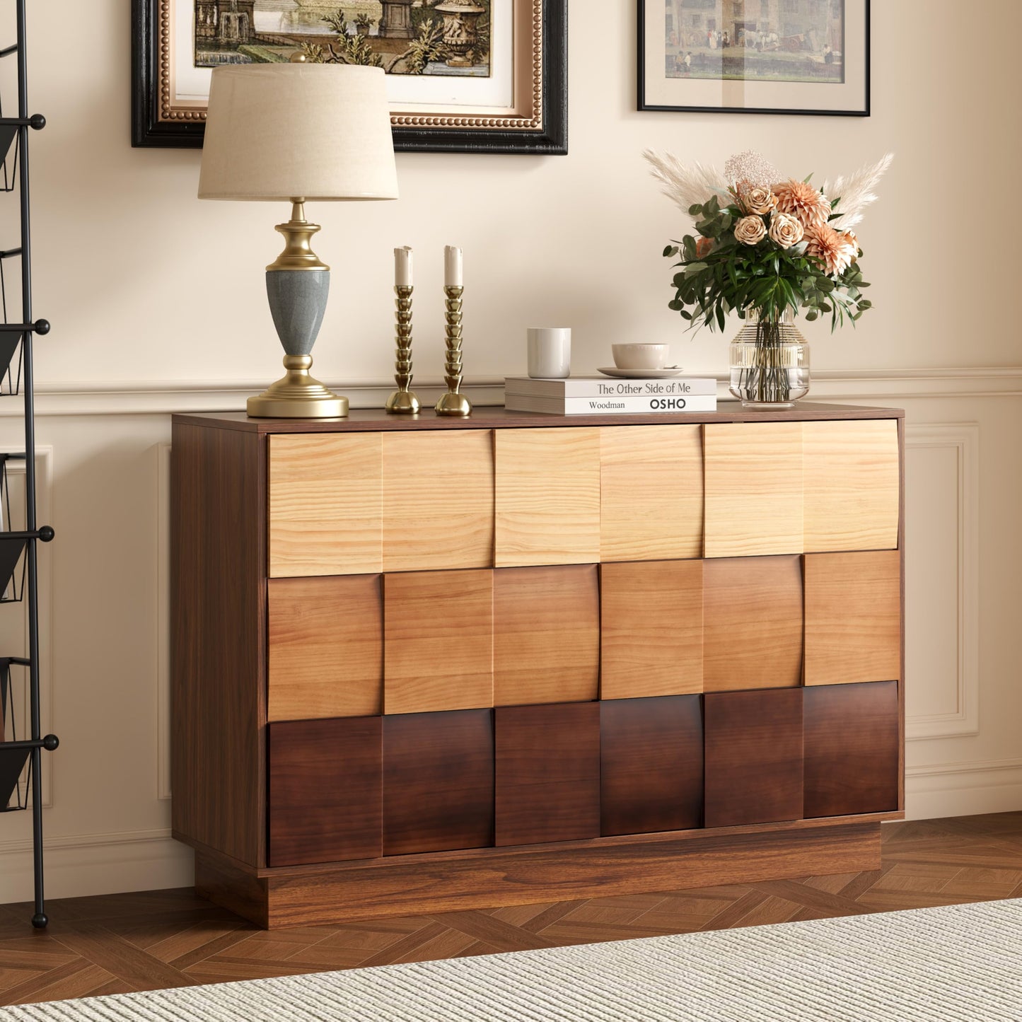 Lamohome 6 Drawer Dresser with Solid Wood Drawer Fronts, 47" Chest of Drawers Modern Wood Dresser with Artistic Gradient Color-Block Finish for Bedroom & Living Room