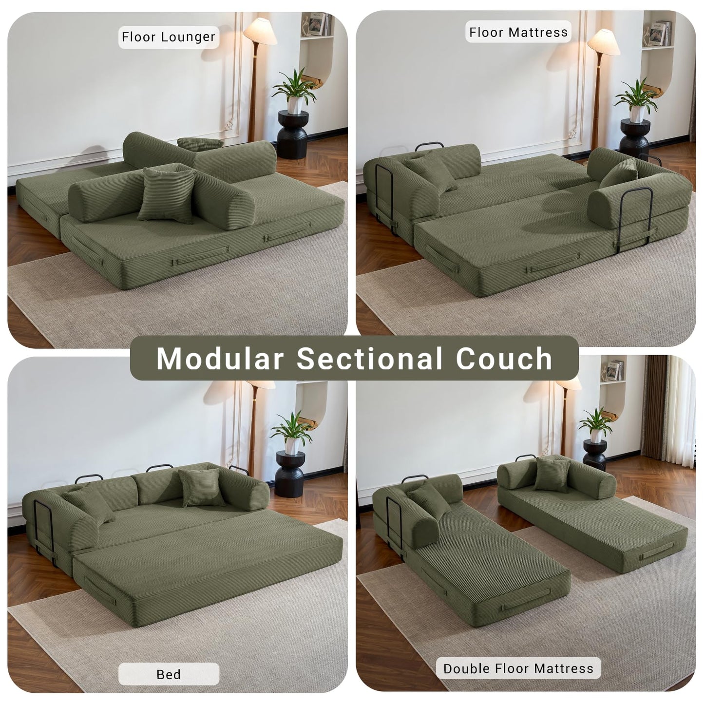 NNQ Compressed Sofa - Convertible Sofa Bed, Corduroy Compression Boneless Couch in a Box, Comfy Modular Foldable Floor Sleeper Sofa for Bedroom, Living Room (Corduroy Fabric, Green)