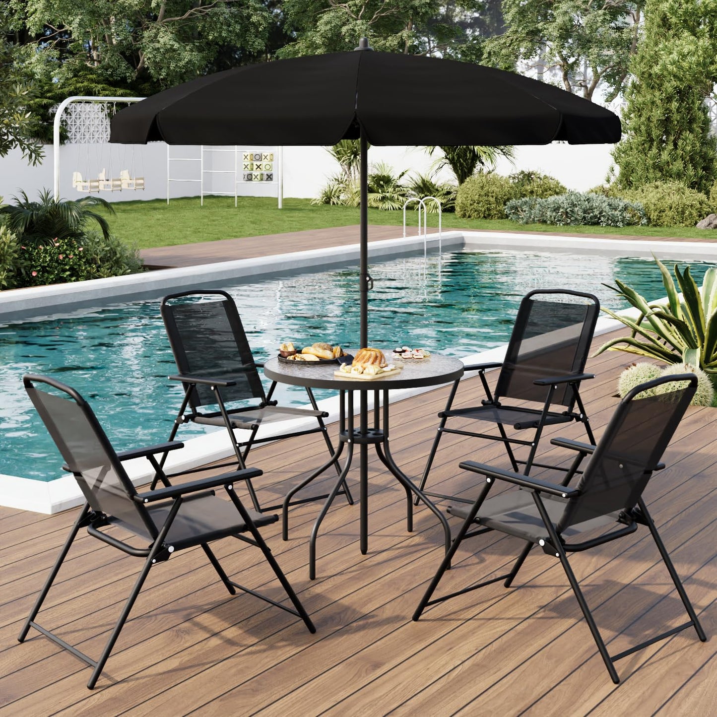TAVATA 6 Piece Patio Dining Set with Umbrella, Outdoor Furniture Set with 4 Folding Chairs & Portable Metal Garden Table for Lawn, Backyard, Deck, Camping（Black）