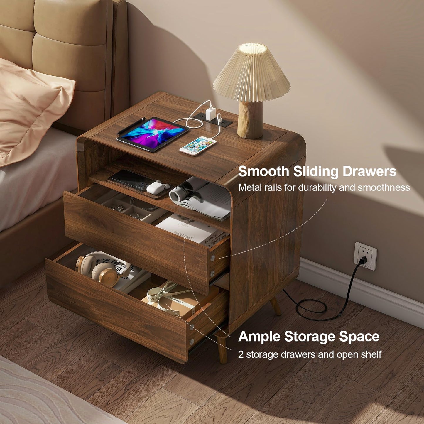 Nasonet Night Stand with Charging Station, 23.7" Wide Mid Century Modern Nightstand with Drawers, Curved Edge, Wood Bedside End Table for Bedroom, Walnut