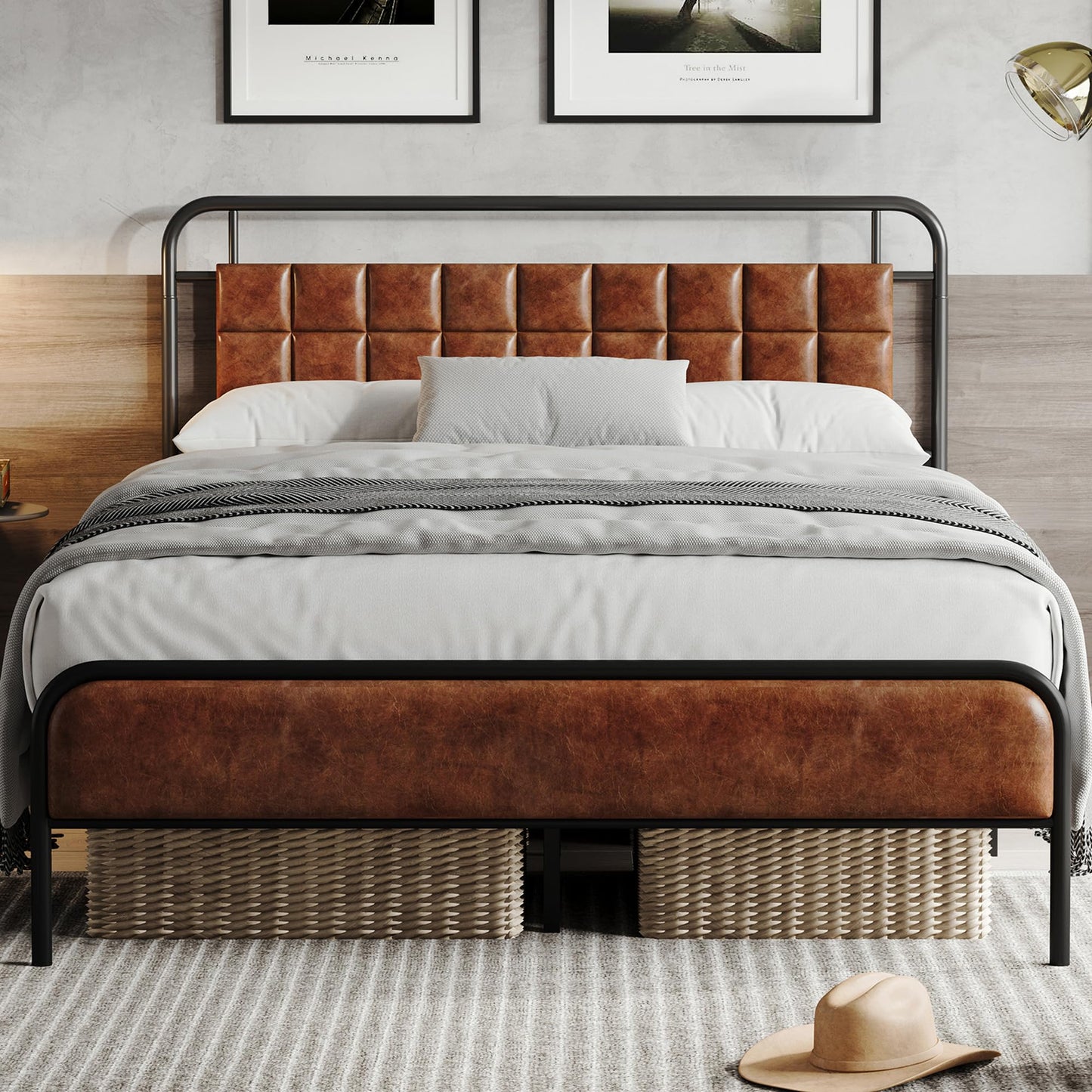 Susalt PU Leather Queen Bed Frame, Queen Size Metal Platform Beds with Upholstered Headboard & Footboard, 12" Underbed Storage Space, Easy Assembly, Noise-Free, No Box Spring Needed, Brown