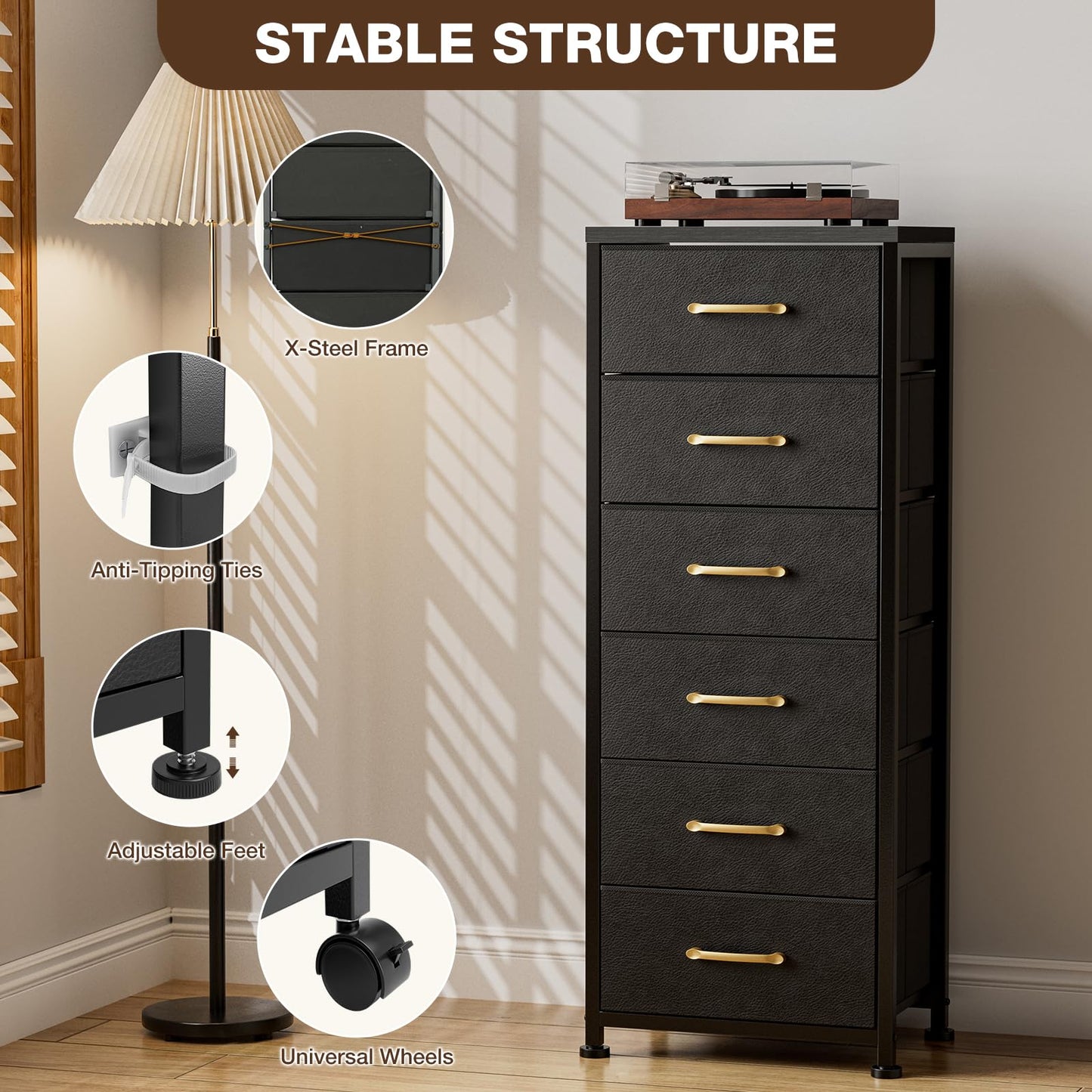 AOVSA Tall Dresser with 6 Drawers, Chest of Drawers with Fabric Bins, Storage Organizer Tower with Wood Top & Steel Frame for Bedroom, Living Room and Entryway - Black