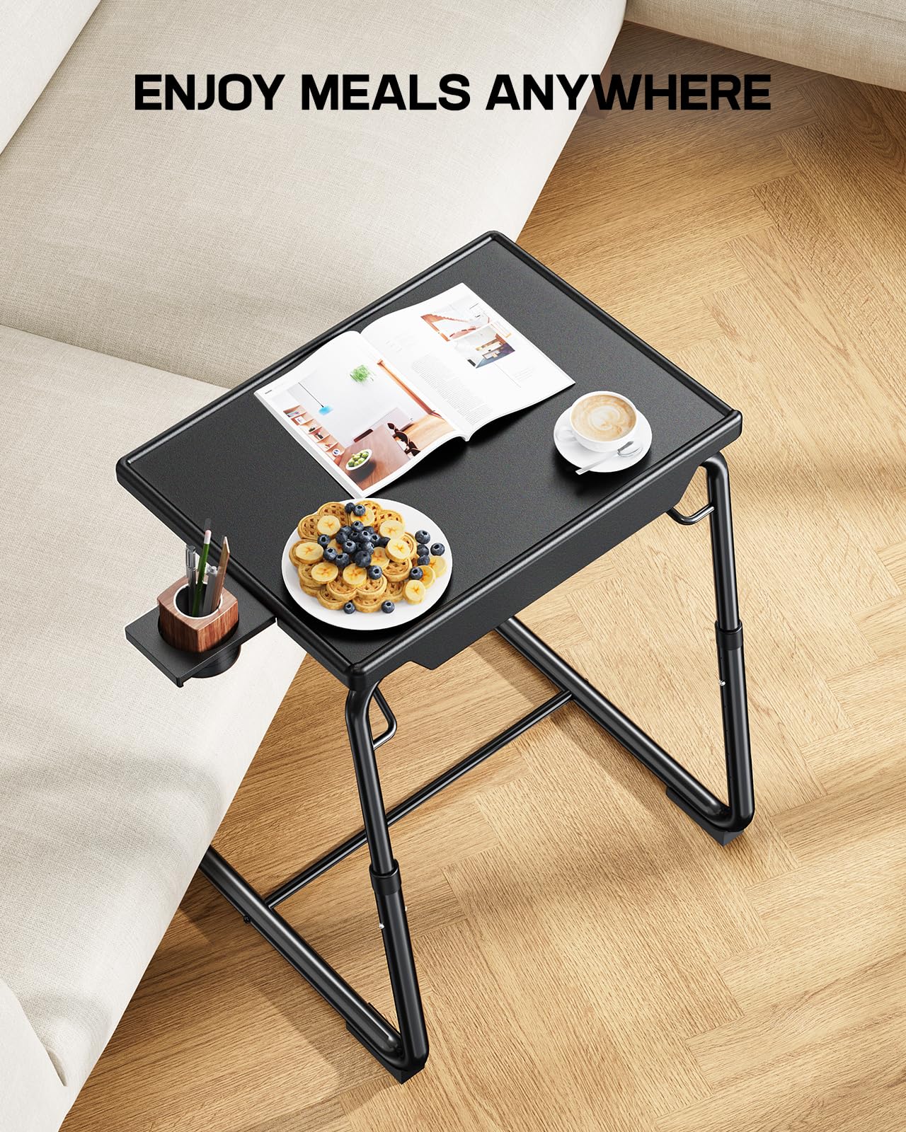 LORYERGO Multifunctional TV Tray Table - [2 Packs] Adjustable TV Dinner Tray Tables with 6 Height & 3 Tilt Angle, Folding TV Trays with Cup Holder for Bed & Sofa, for Eating & Reading
