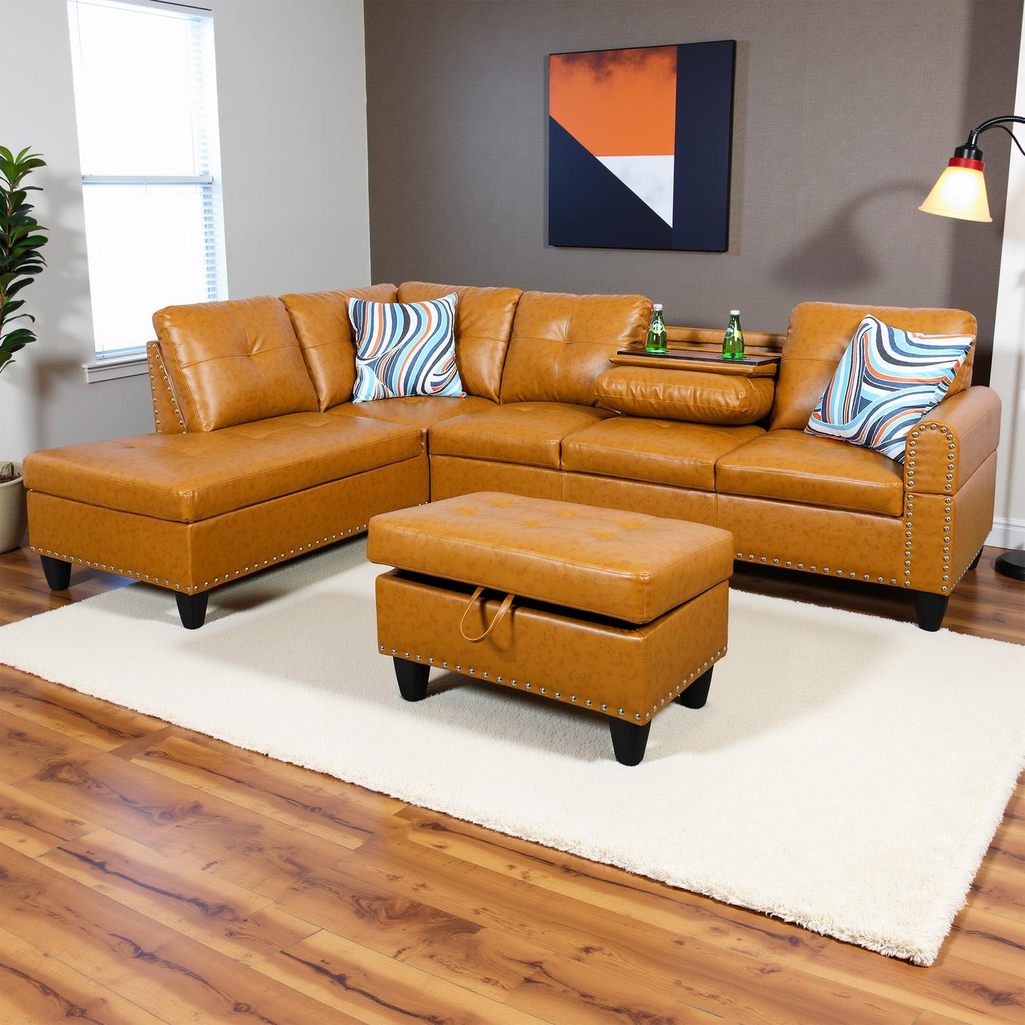 Osparple Sectional Couch L Shaped Couch for Living Room 3 Pieces Semi PU Synthetic Leather Modular Sectional Sofa Set with Chaise, Ottoman with Storage for Small Apartment, Ginger