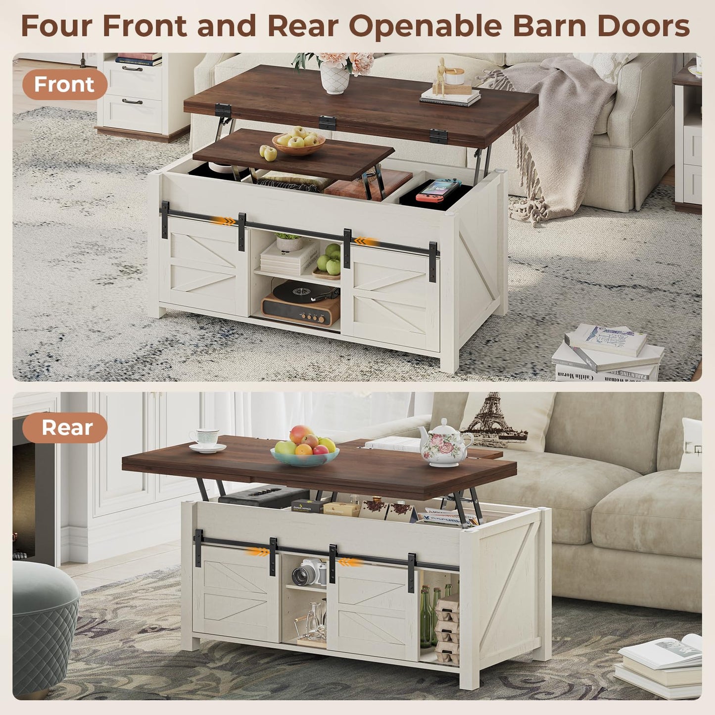 UPOSOJA Lift Top Coffee Table for Living Room with 4 Sliding Barn Doors, 4 in 1 Farmhouse Coffee Table with Adjustable Shelves and Hidden Storage Compartment, Converts to Dining Table (Brown White)