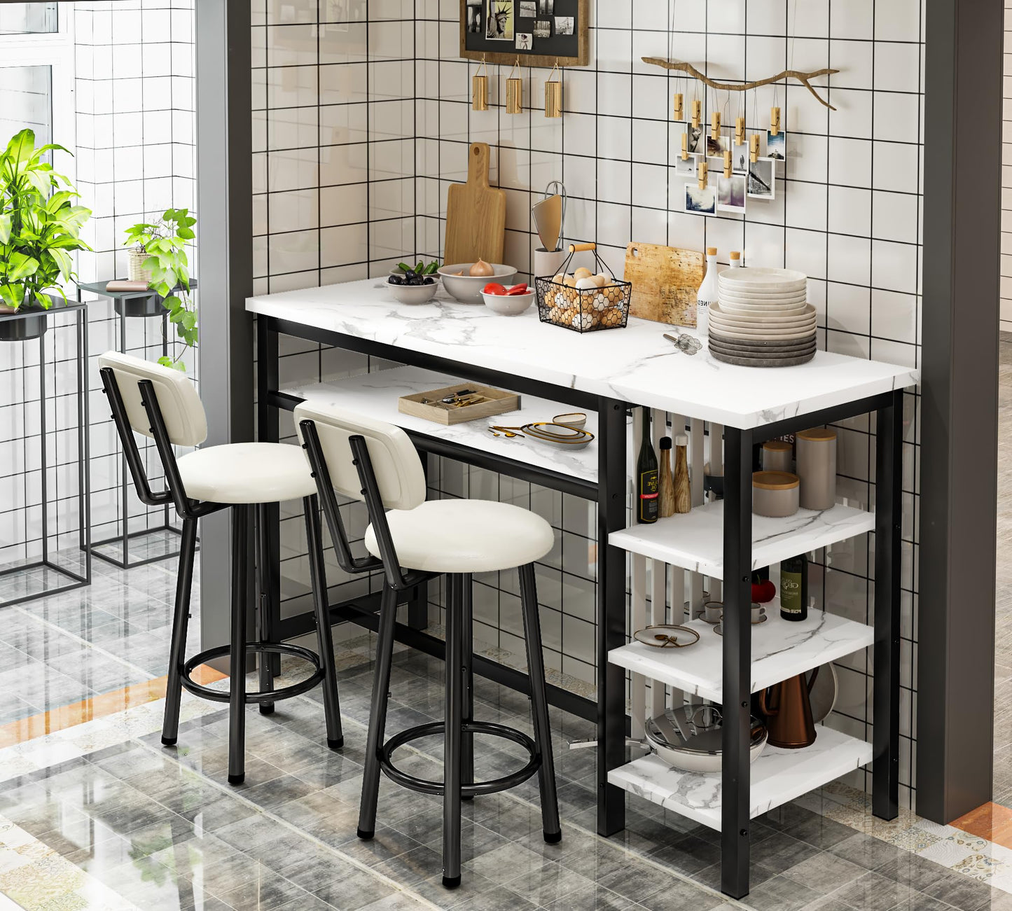 Lamerge Furniture Kitchen Bar Height Table and Chairs for 2, 5-Tier Compact Dining Room Table, White Faux Marble Top and 2 PU Leather Upholstered Seat Black Frame, Modern Dining Set for Home & Office