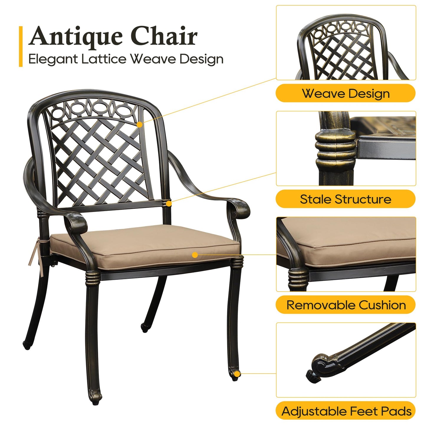 Sumshadow 2-PCS Cast Aluminum Patio Dining Chairs, All Weather Patio Bistro Dining Chairs Set of 2 with Armrests & Cushion, Stackable Patio Dining Chairs for Garden, Balcony, Deck, Bronze