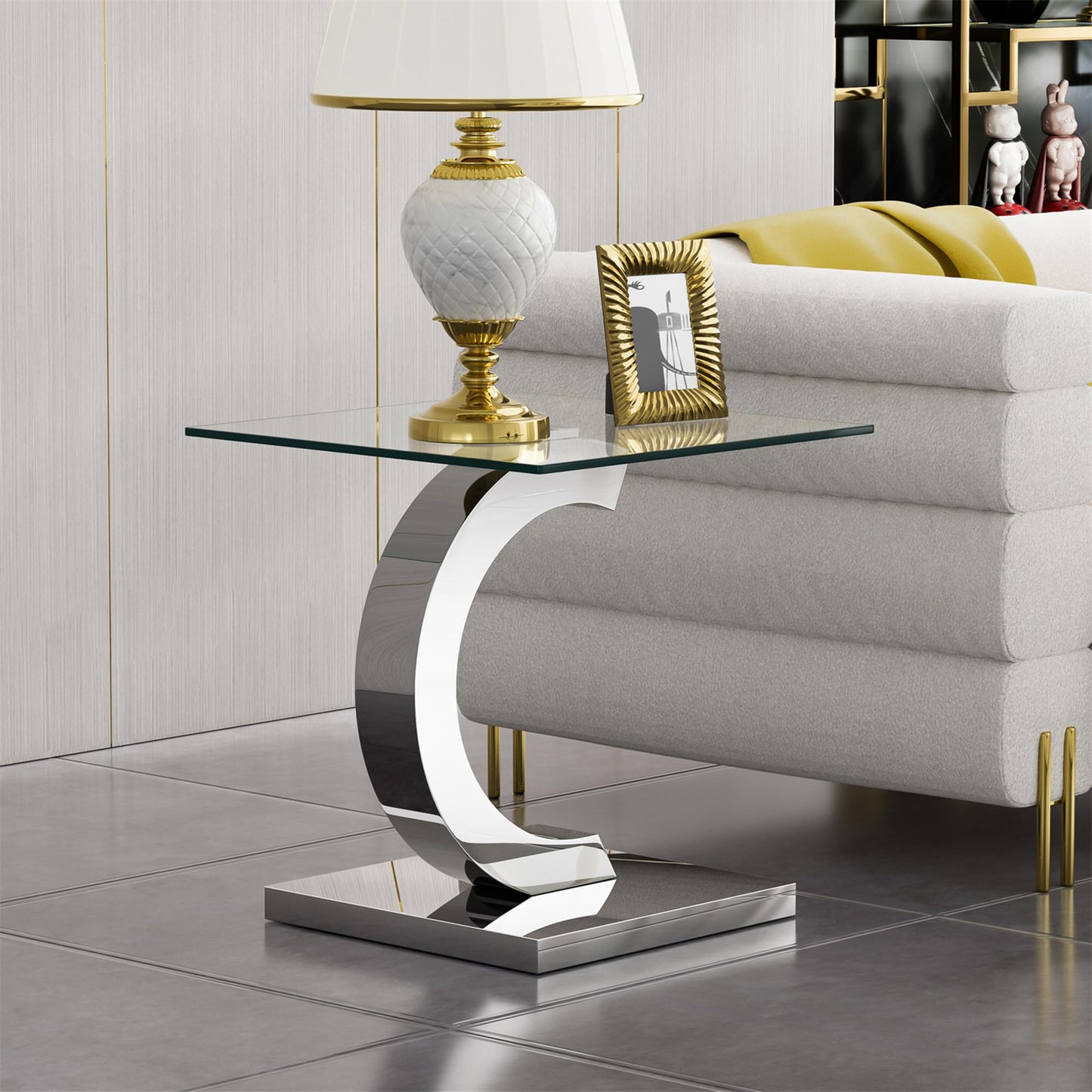 SSLine 1 Piece Living Room End Table Luxury Glass Side Table, Modern Silver End Table with C-Shape Stainless Steel Pedestal Base for Living Room Bedroom Office (1 End Table)
