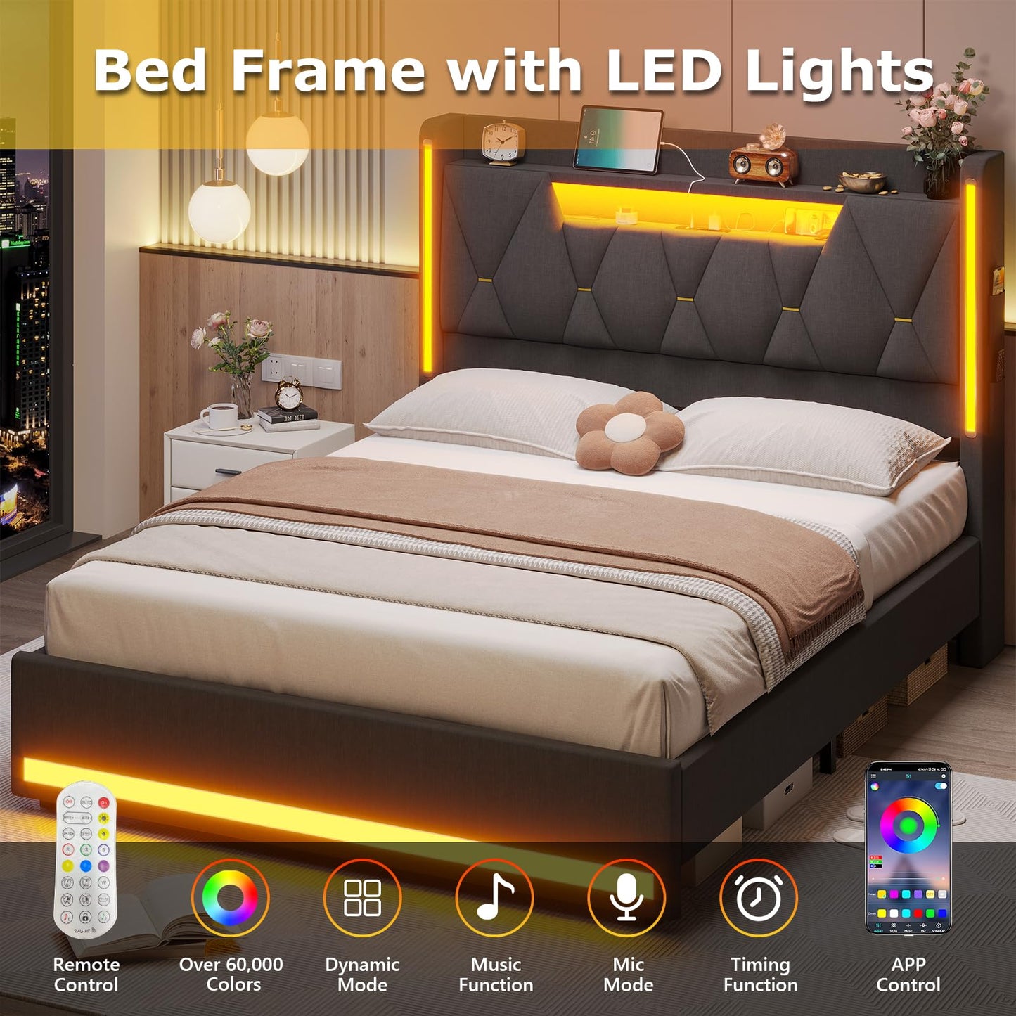 busyaeh Queen Bed Frame with Storage Headboard, Metal Bed Frame with LED Lights & Charging Station, Upholstered Queen Bed with Marshmallow Headboard, No Box Spring Needed, Easy Assembly，Dark Gray