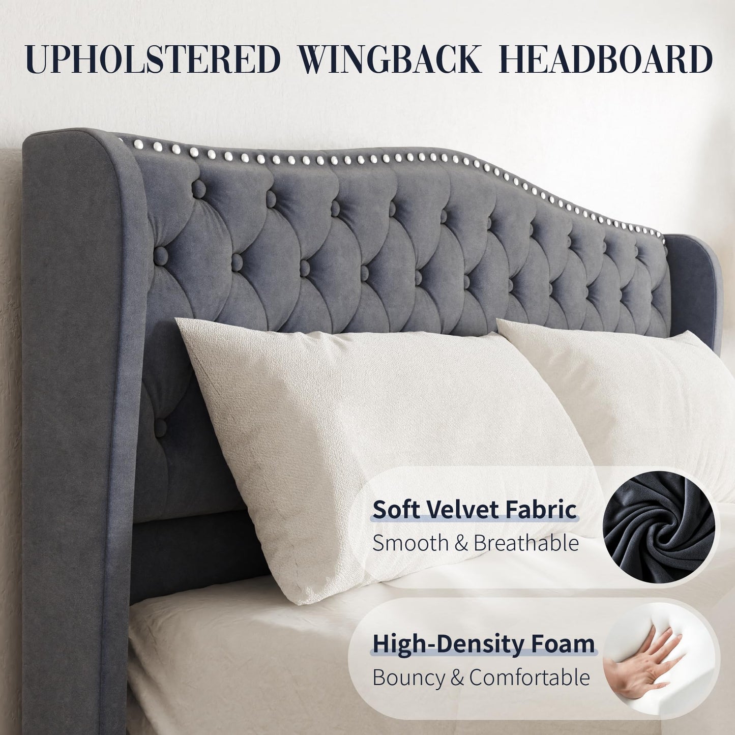 SwnftWinnt Queen Size Upholstered Bed Frame, Velvet Luxury Wingback Headboard, Platform Bed with Deep Button Tufted & Nailhead Trim, No Box Spring Needed, Noise Free, Easy Assembly, Grey