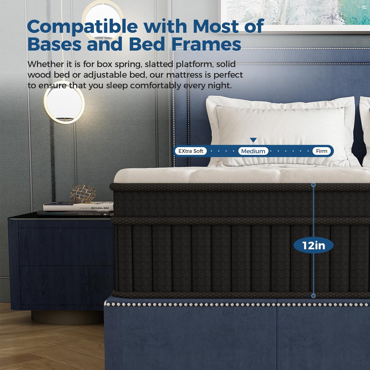 Juego Queen Mattress, 12 Inch Mixed Memory Foam Mattress. Bagged Spring, Zoned Pressure Relief, Medium Firm Feel, Motion Isolation, Deep Sleep, Certified Safe Foams and Fabric, CertiPUR-US,Black