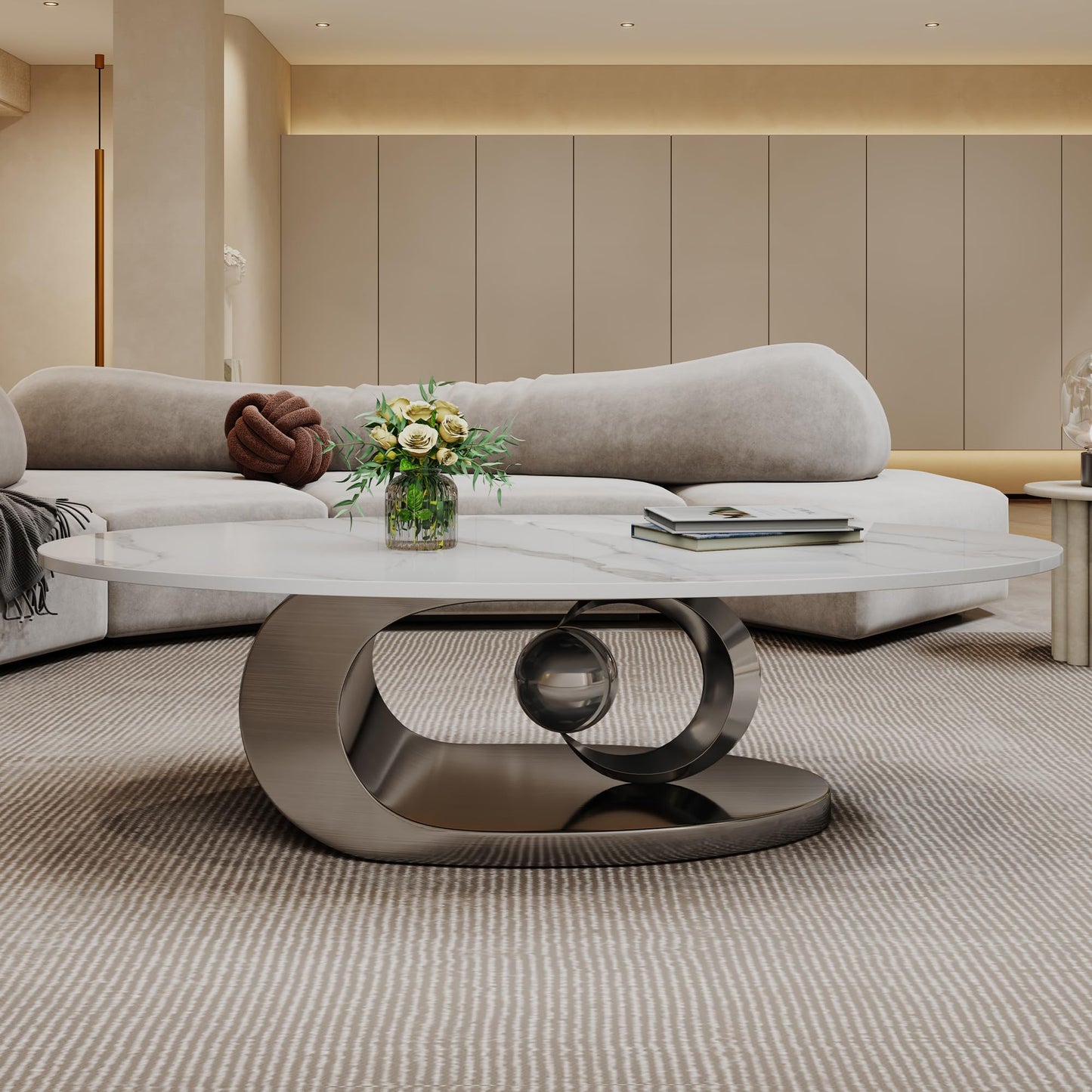 Mid Century Modern Coffee Table, 49.2" Large Oval Coffee Table w/White Faux Marble Tabletop & Silver Sculptural Stainless Steel Base, Minimalist Coffe Cocktail Center Table for Living Room Apartment