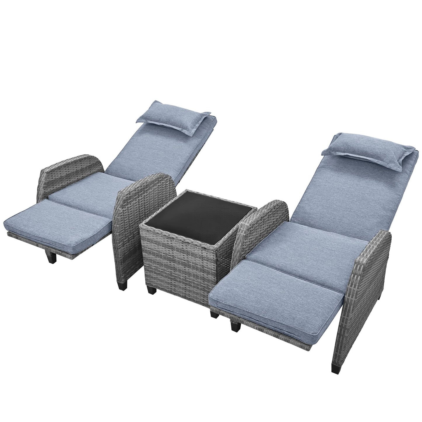 CHSICFOR Outdoor Rattan Patio Recliner Chairs, 2-Person Chairs with Coffee Table, Adjustable Backrest for Courtyard, Swimming Pool, Balcony (Grey)