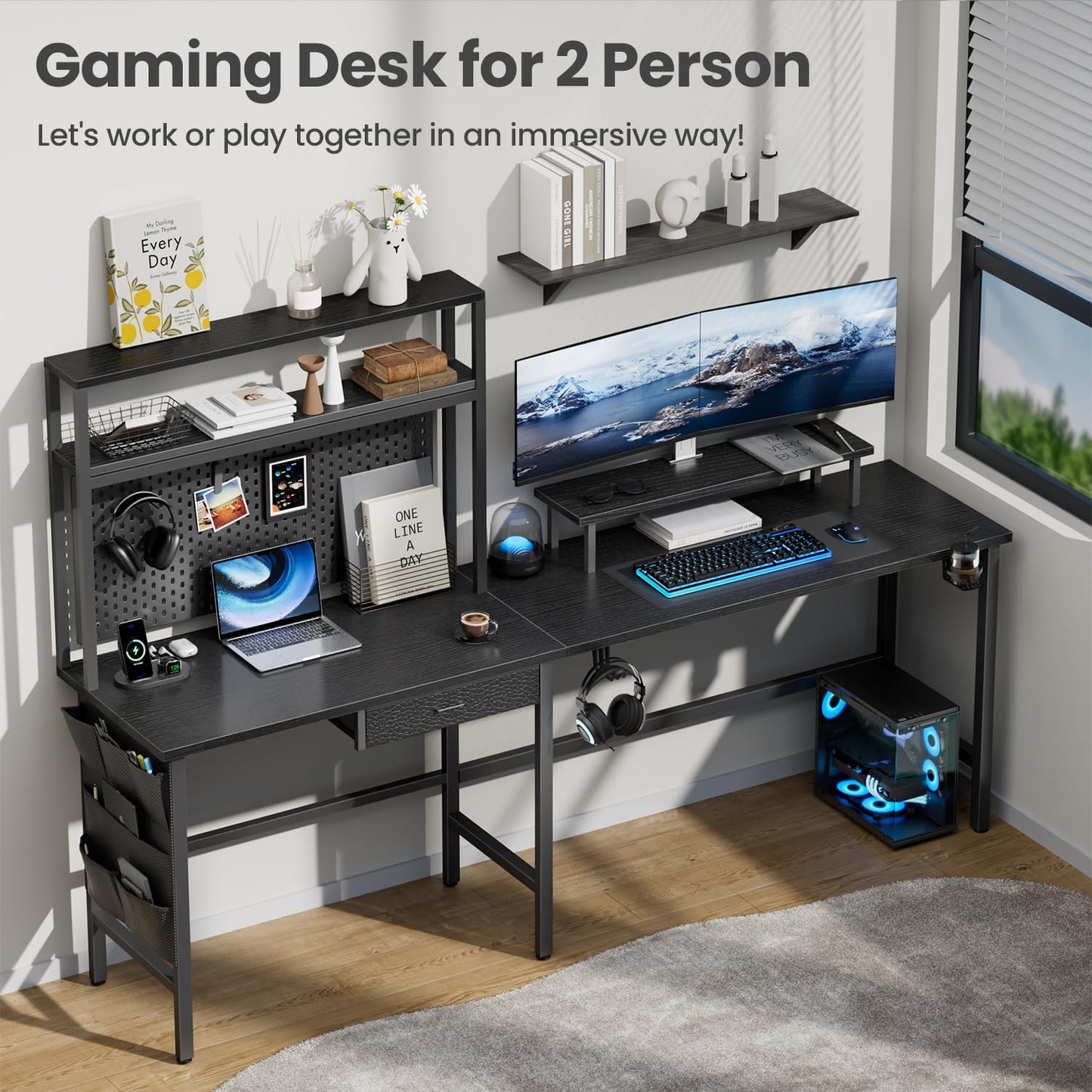 HLDIRECT L Shaped Gaming Desk with LED Light & Power Outlet, 59 Inch Reversible Corner Computer Desk with Storage Shelves & Drawer & Bag, Game Table with Hutch Monitor Stand, Home Office, Black