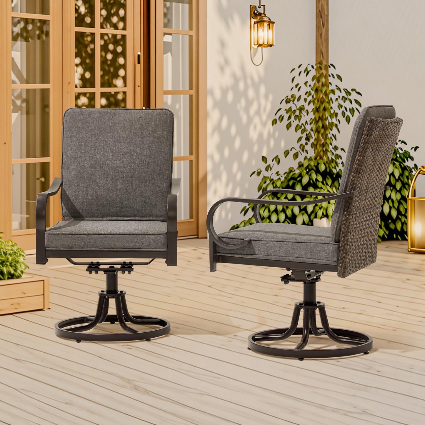 MELLCOM Patio Swivel Chair Set of 2, Outdoor Dining Chairs with Thickened Cushions, Wicker Chairs with Gentle Rocker for Porch, Garden, Backyard, Poolside, Deck, Grey