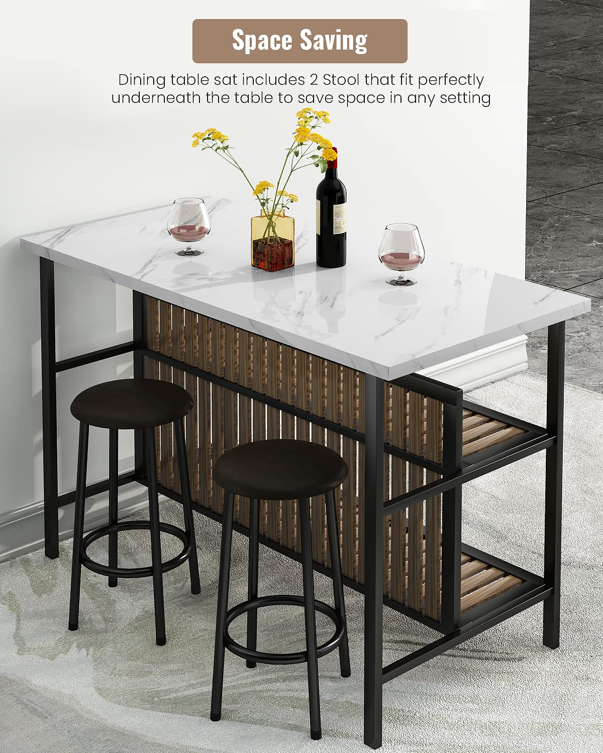 Lamerge 3 Piece Bar Table and Chairs Set, Industrial Bar Table Set with Storage Shelves,Marble Counter Height Table with 2 Bar Stools,Modern Pub Table Dining Room Table Set for Kitchen,White