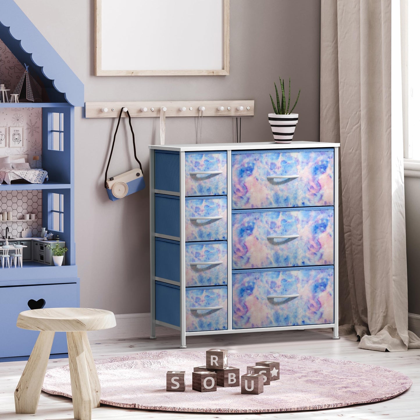 Sorbus Kids Dresser with 7 Drawers - Storage Chest Organizer Unit with Steel Frame, Wood Top & Handles, Tie-dye Fabric Bins for Clothes - Wide Furniture for Bedroom Hallway Kids Room Nursery & Closet