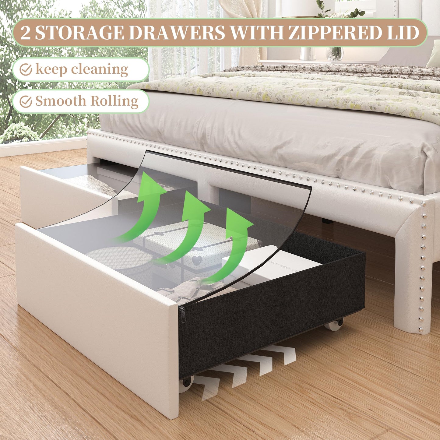 SIBEDS Queen LED Bed Frame with 2 Drawers, Modern Platform Beds with 2 Tier PU Leather Upholstered Storage Wingback Headboard, Channel Tufted Bedframe with Rivet Decor, No Box Spring Needed, White
