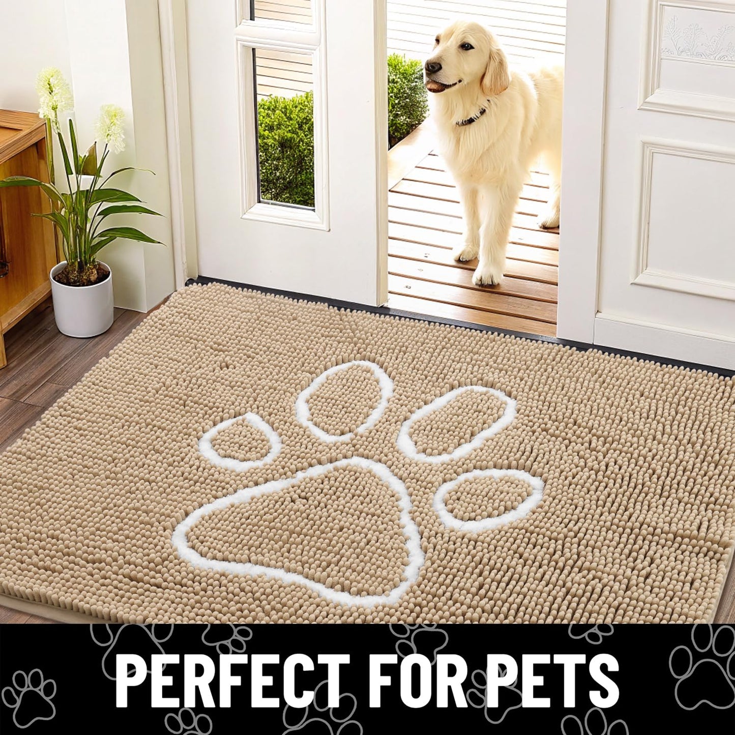 Smiry Dog Door Mat for Muddy Paws, Absorbent Dirt Trapper Non Slip Quick Dry Washable Chenille Mat for Mud Dogs, Entry Rug for Indoor and Outdoor (30x20 Inches, Beige)